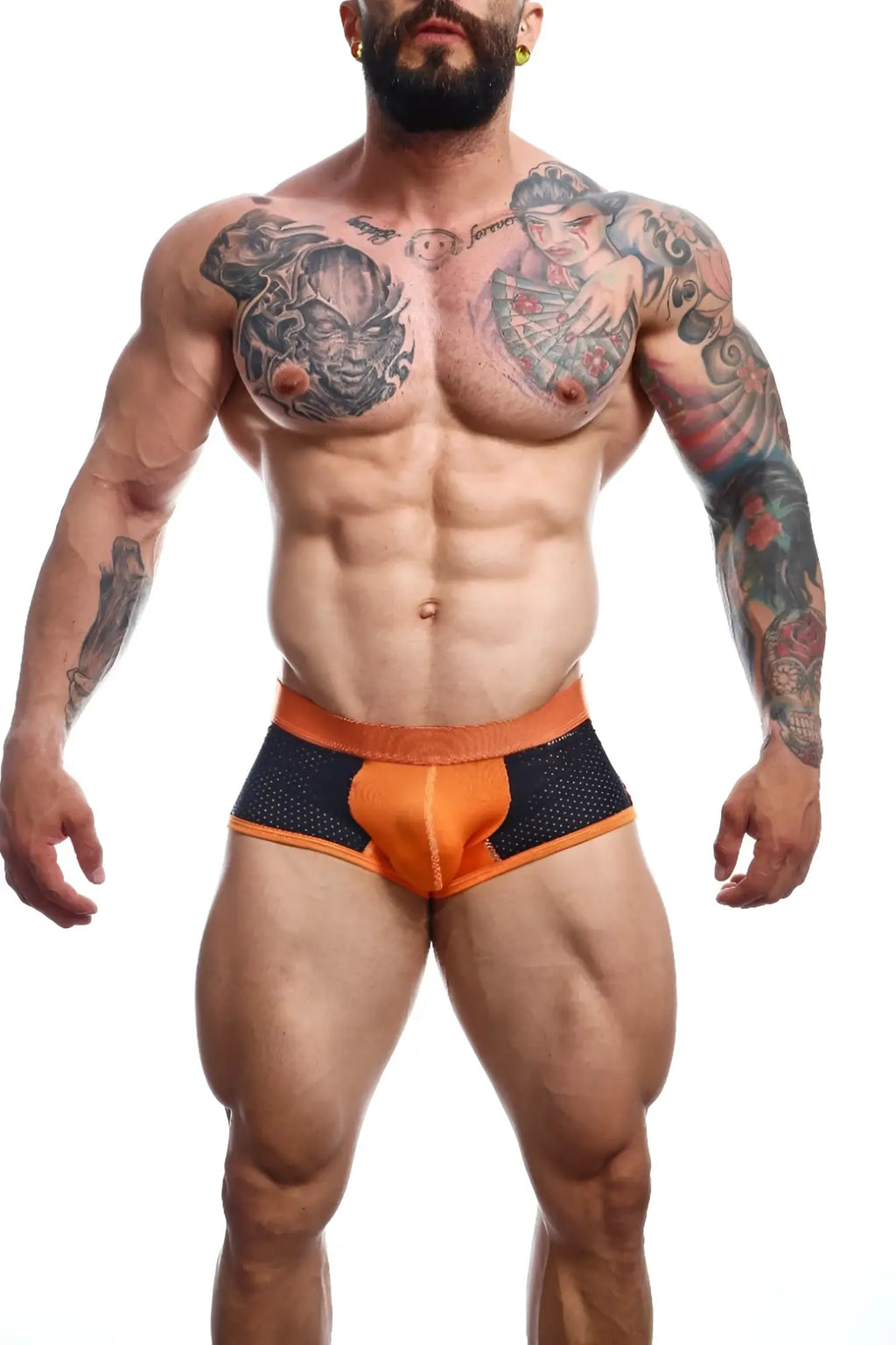 Malebasics spot new sexier trunk pink mesh athletic briefs in orange and black with solid orange waistband