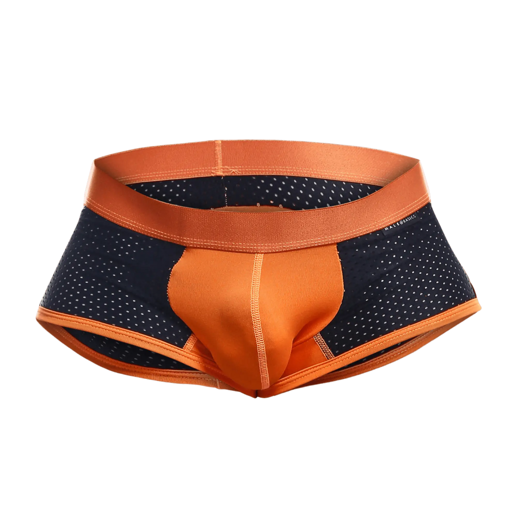 Malebasics spot new sexier trunk pink athletic briefs with orange and navy blue perforated sides and orange waistband