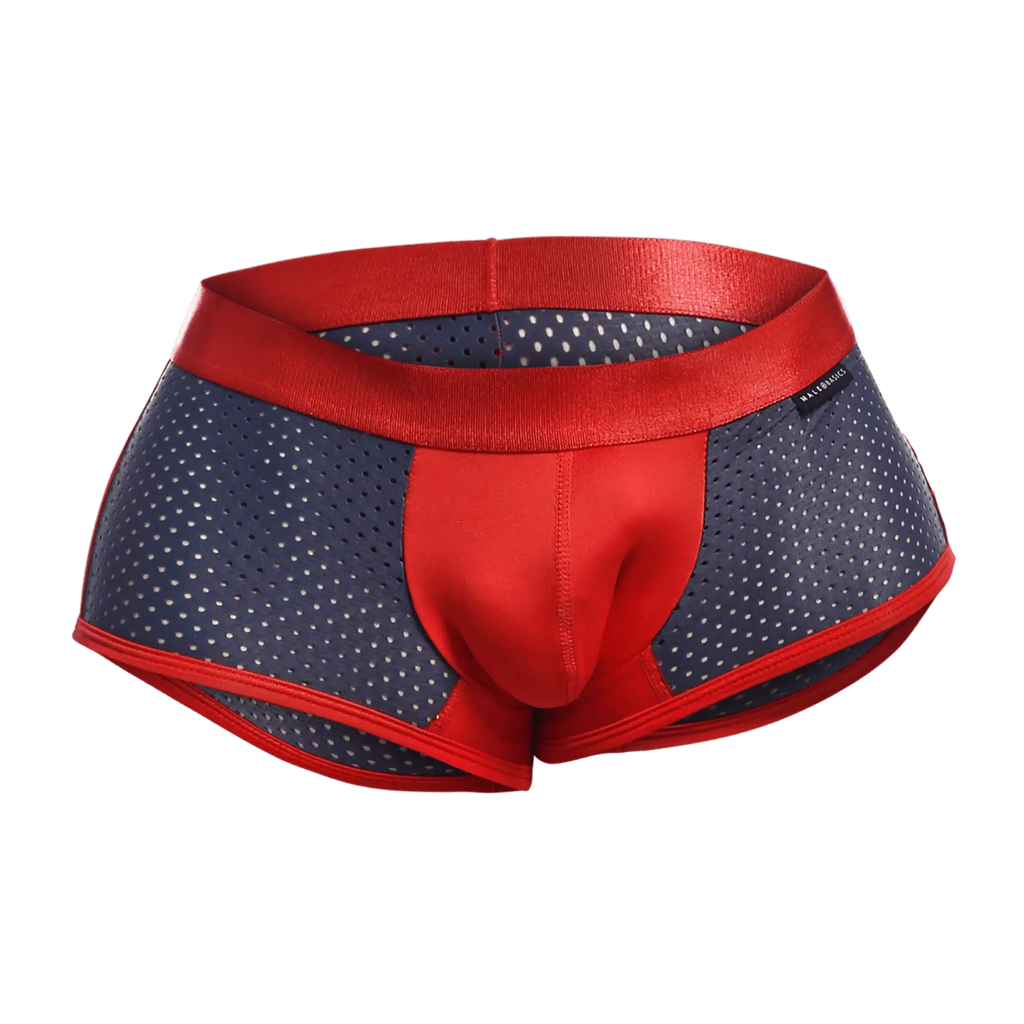 Red and navy blue perforated athletic briefs with a satin red waistband from Malebasics spot new sexier trunk pink