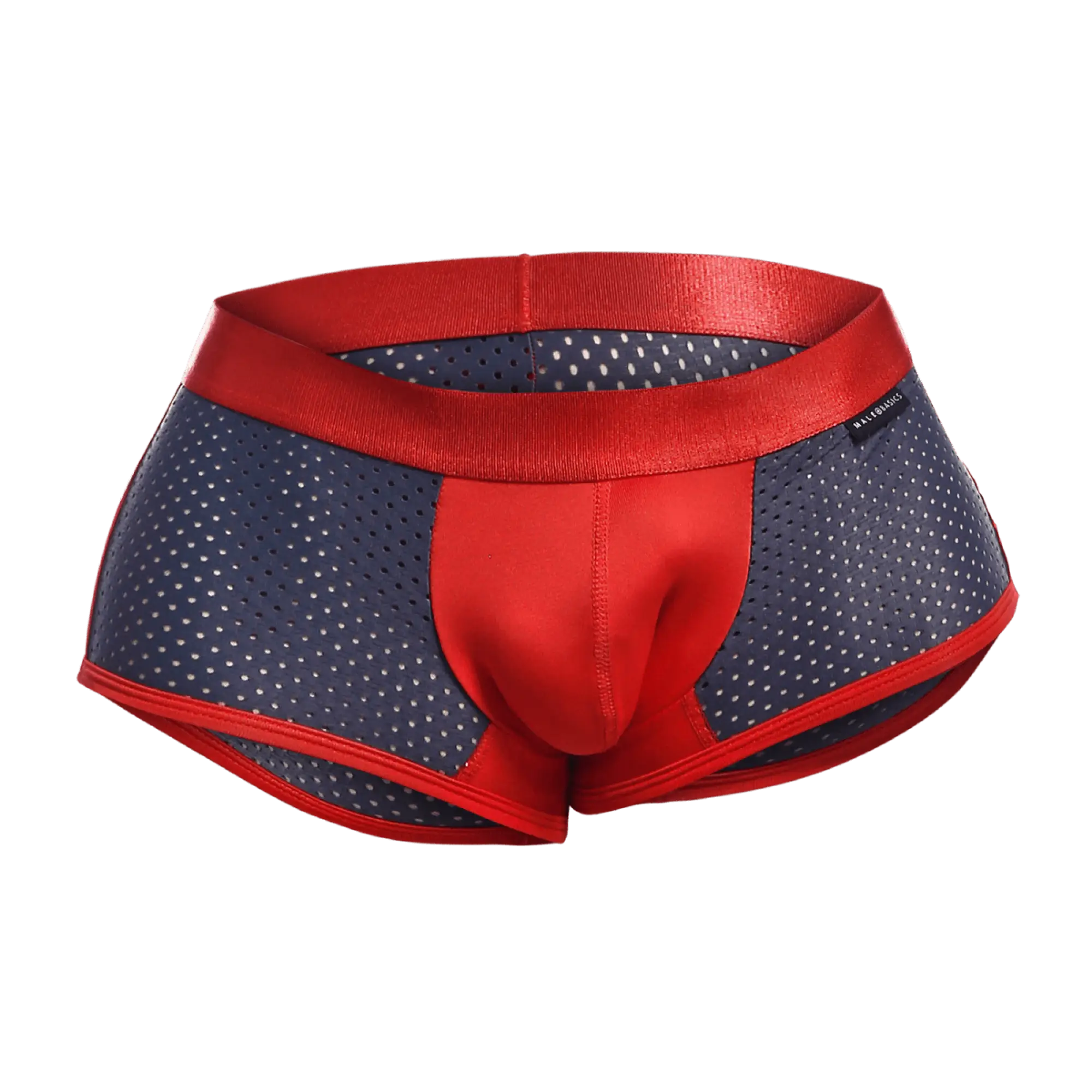 Red and navy blue perforated athletic briefs with a satin red waistband from Malebasics spot new sexier trunk pink