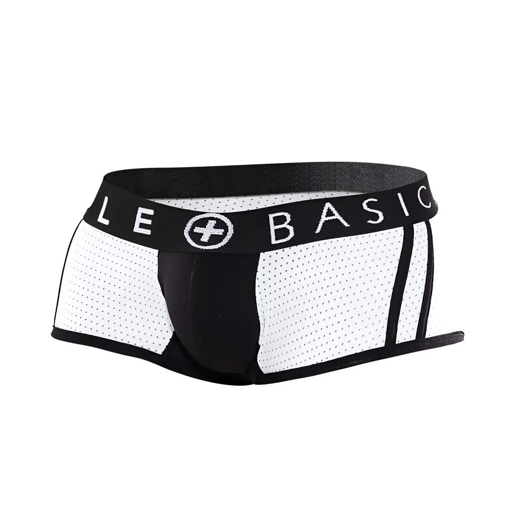 Malebasics spot new sexier trunk pink mesh briefs in white and black with branded elastic waistband front view