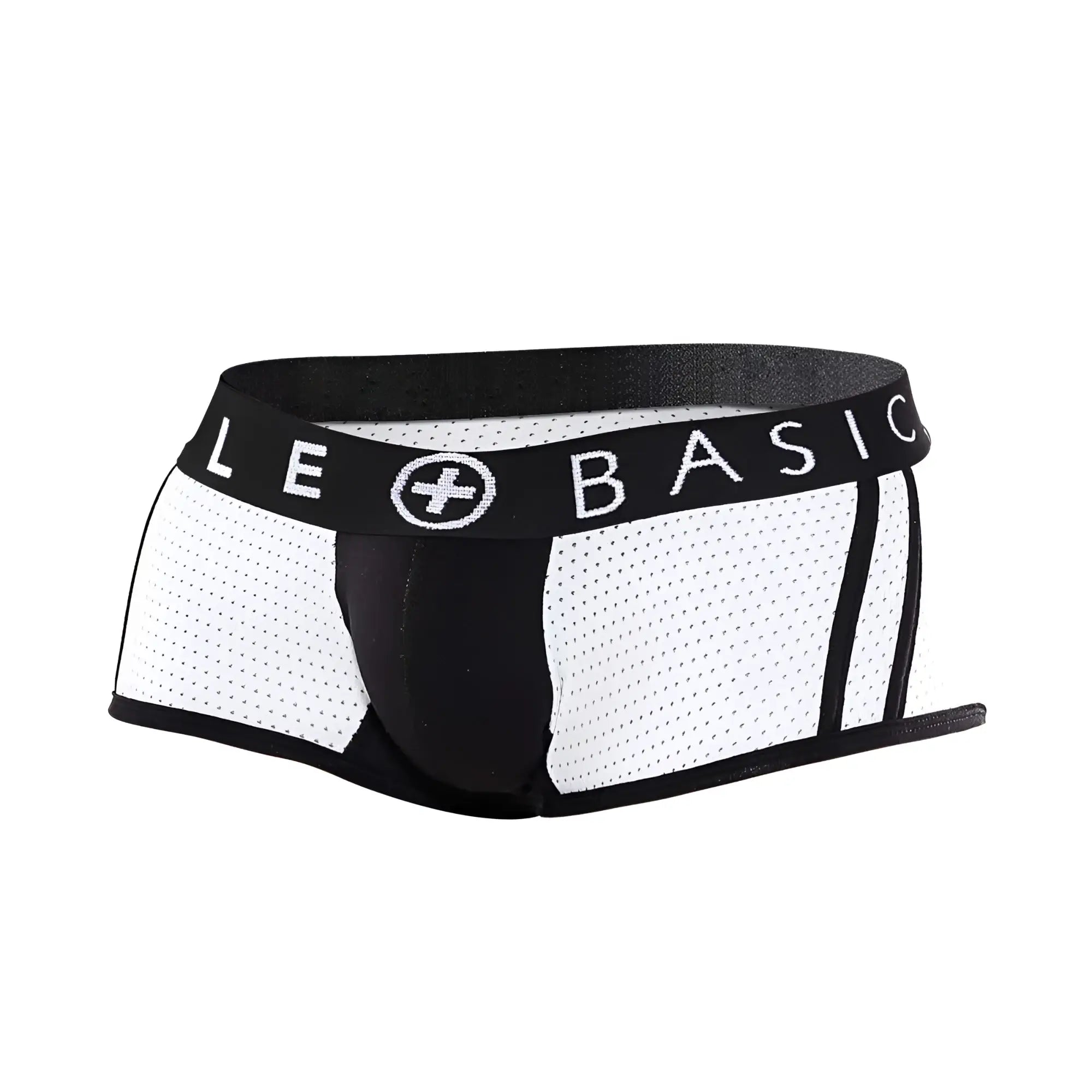 Malebasics spot new sexier trunk pink mesh briefs in white and black with branded elastic waistband front view