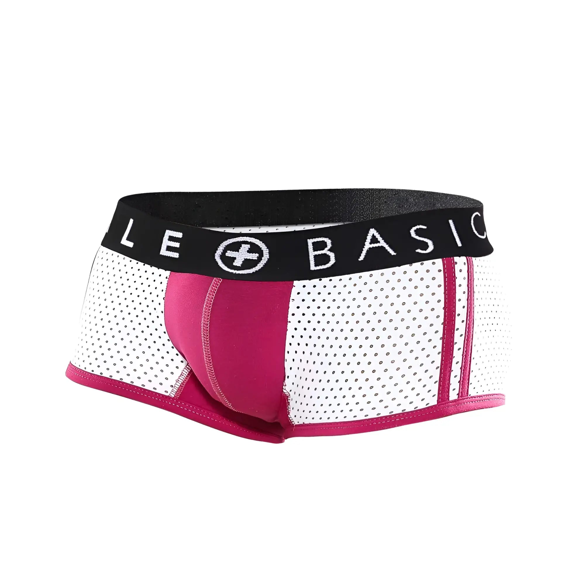 Malebasics spot new sexier trunk pink mesh briefs in white and fuchsia with black le basic logo waistband
