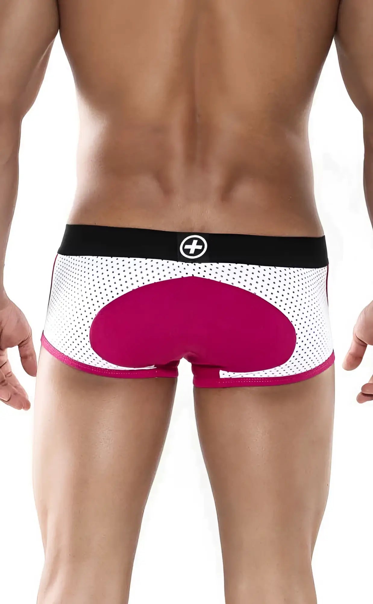 Back view of malebasics spot new sexier trunk pink white mesh briefs with bold magenta rear panel and black waistband