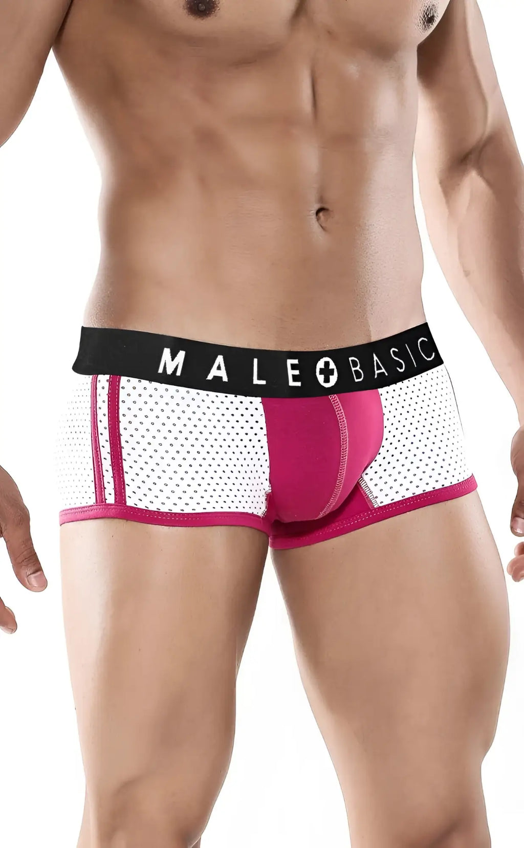 Pink and white mesh boxer briefs with black waistband featuring male basic logo malebasics spot new sexier trunk