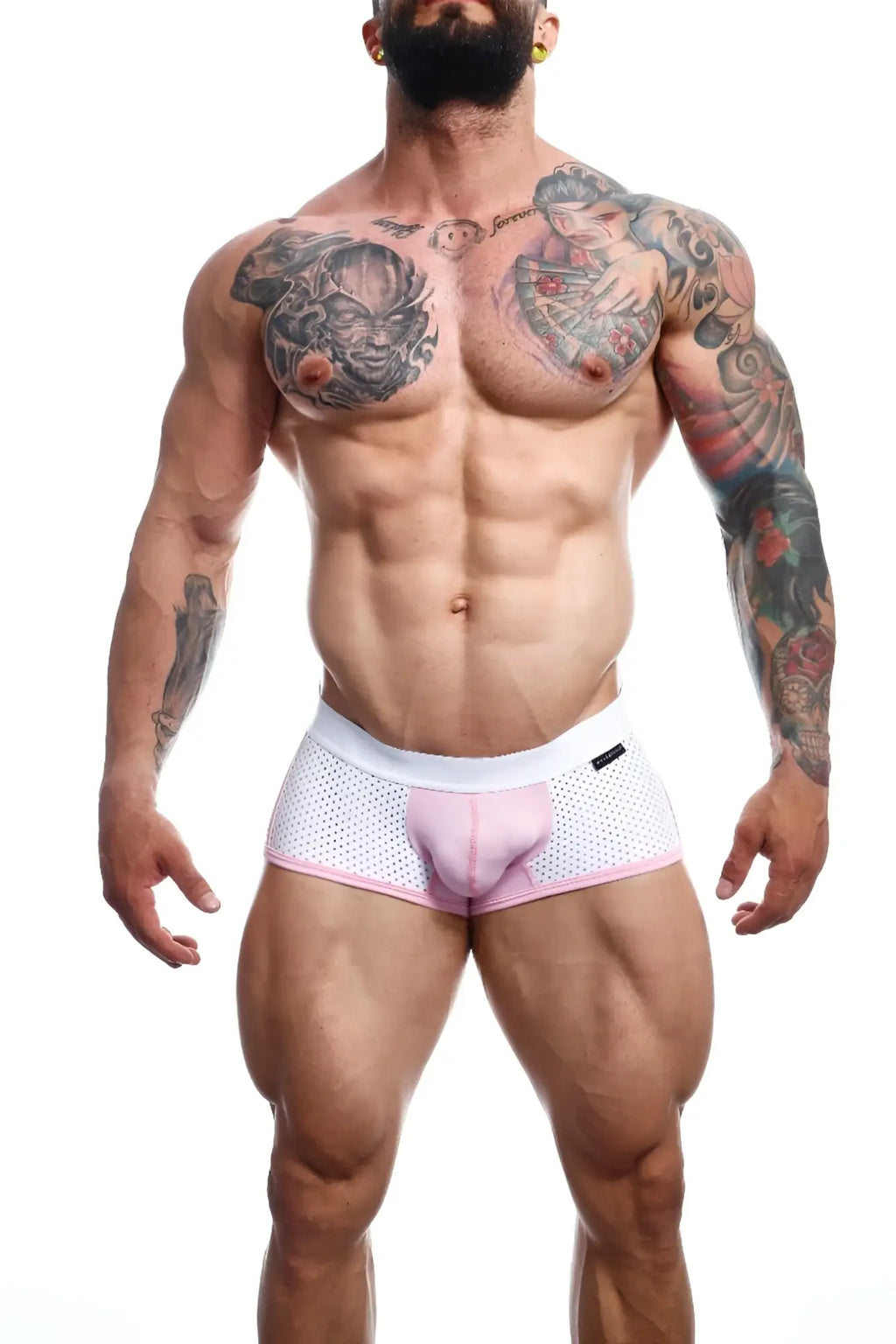 Malebasics spot new sexier trunk pink mesh briefs with a supportive design in pink and white color