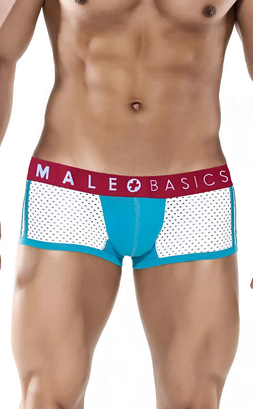 Blue and white mesh men’s briefs with a red male basics waistband from the spot new sexier trunk turquoise line