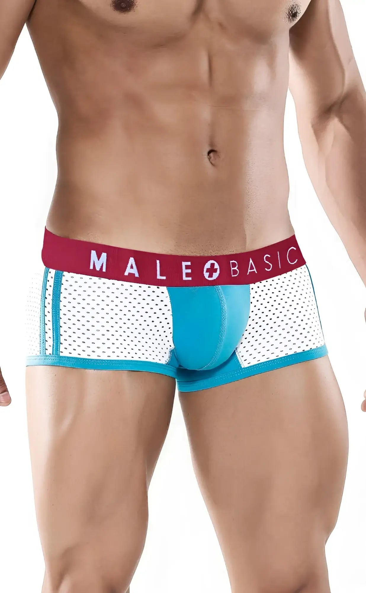 Mens blue and white mesh briefs with red waistband and male basic logo from malebasics spot new sexier trunk turquoise