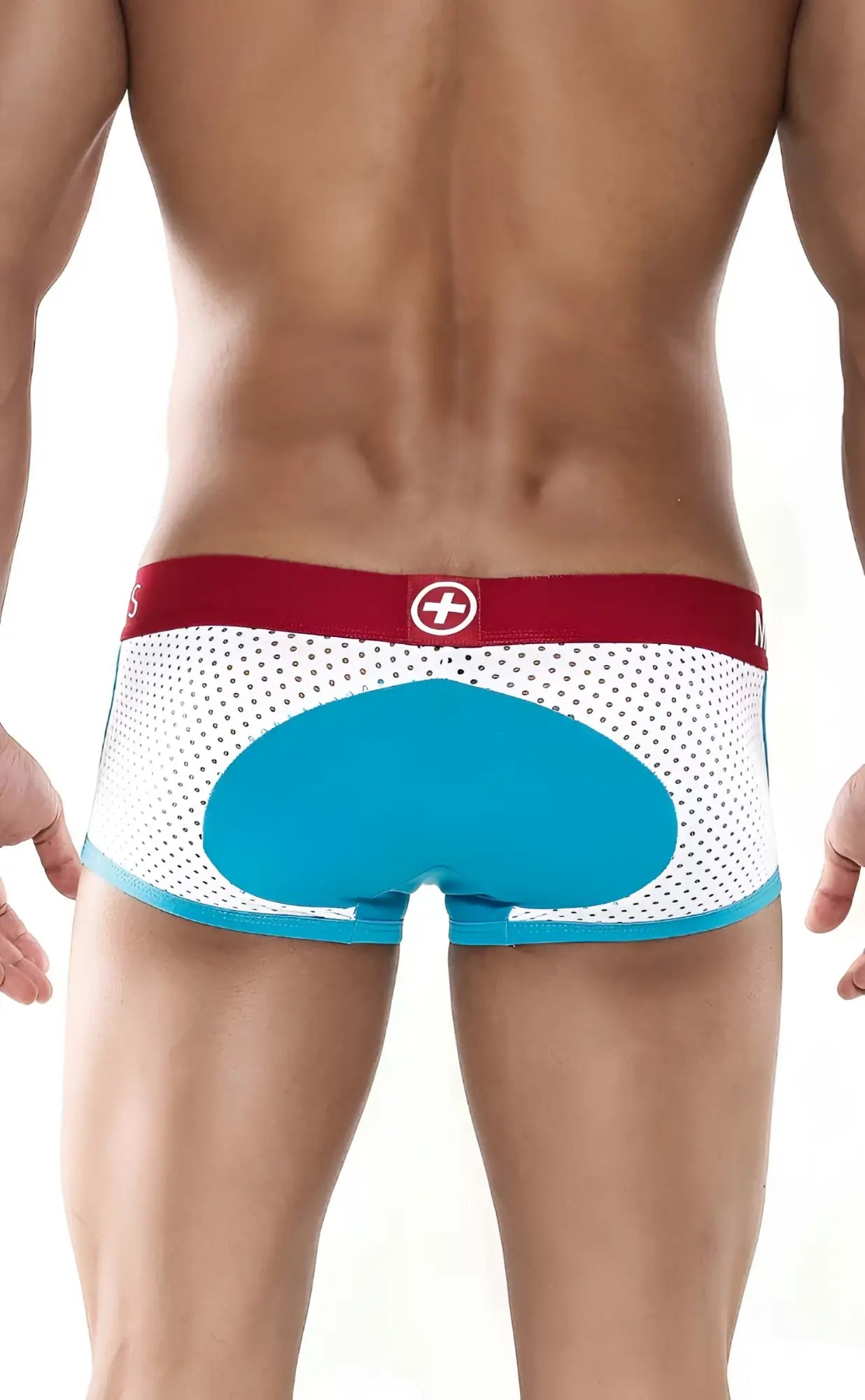 White mesh male basics spot new sexier trunk briefs with bold turquoise panel and red waistband featuring white cross logo