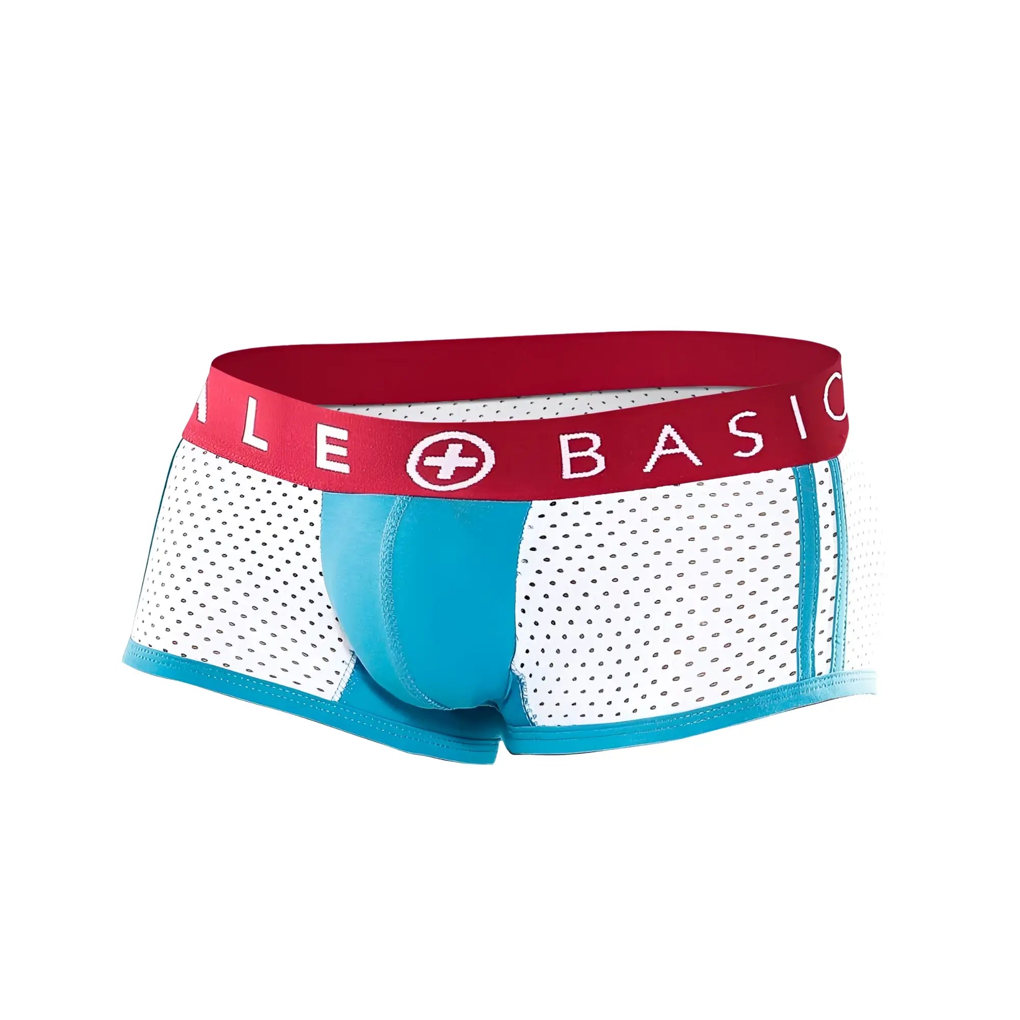White and turquoise mesh briefs with red waistband featuring le plus basic logo from malebasics spot new sexier trunk-turquoise