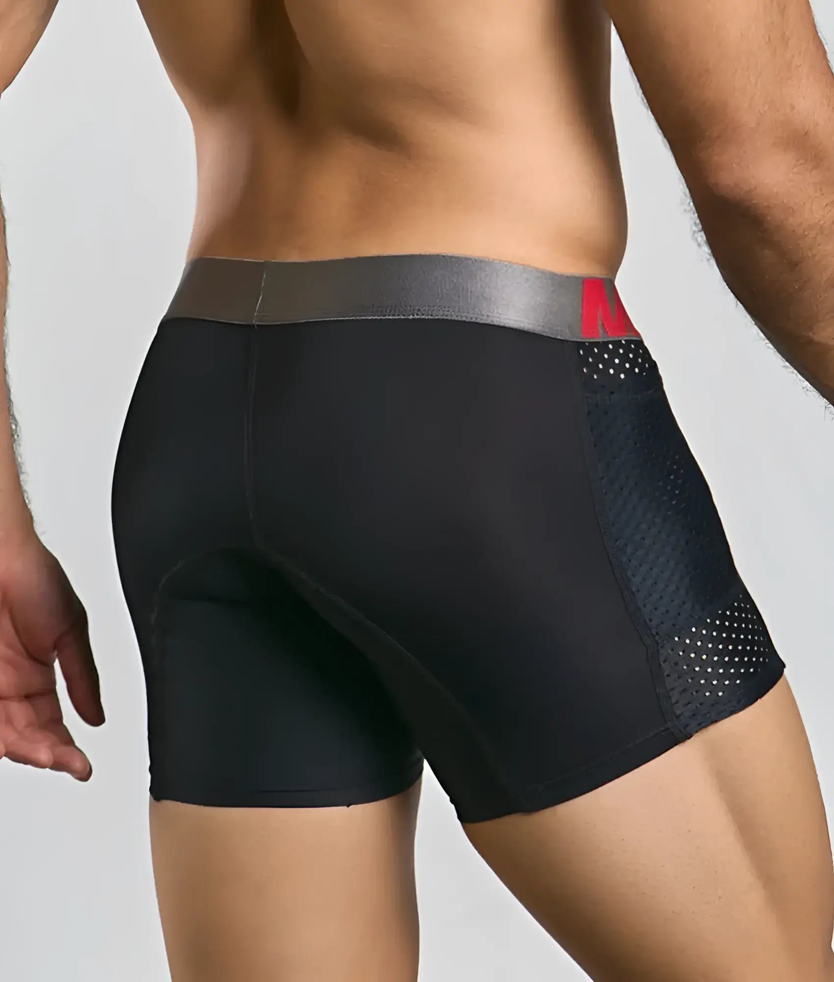 Malebasics titanium pocket boxer brief in black with gray waistband red branding and mesh side panels for breathability
