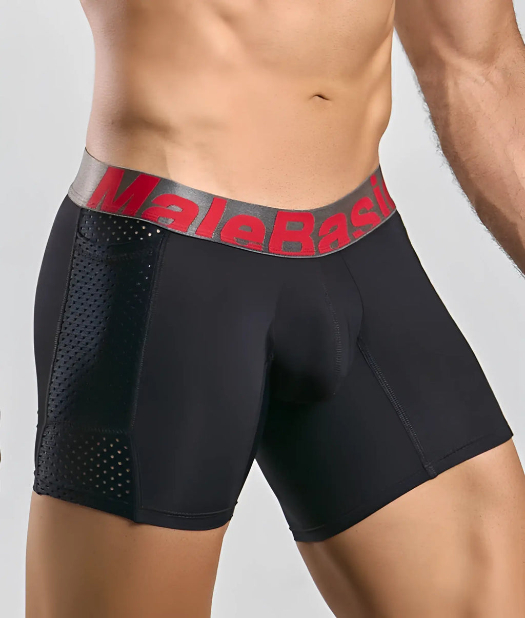 Black malebasic titanium pocket boxer briefs with gray waistband red lettering and perforated mesh side panels