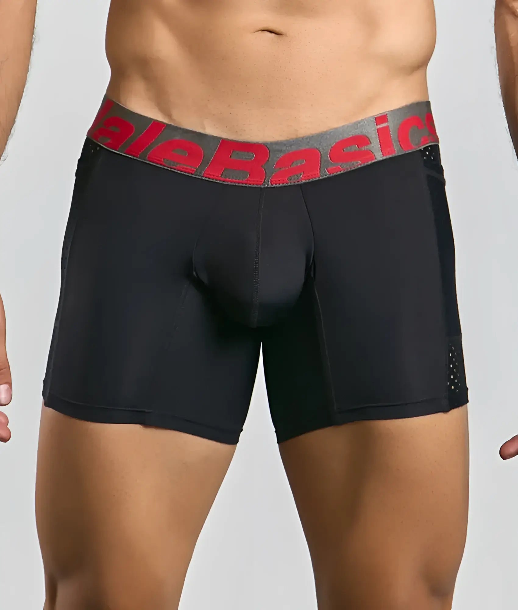 MaleBasics titanium pocket boxer brief in black with perforated side panels and gray waistband featuring red branding