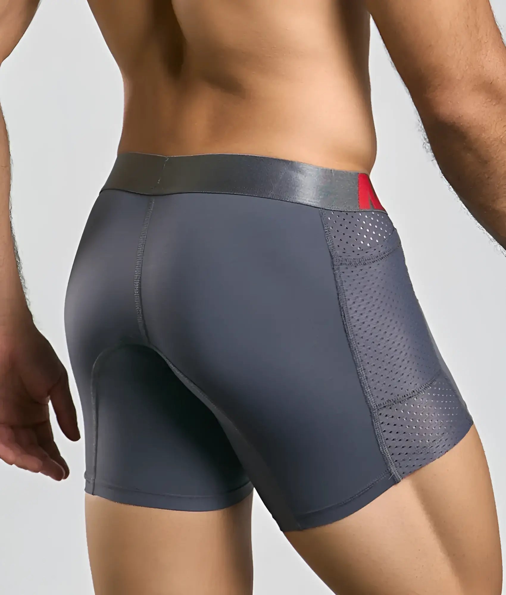 Malebasics titanium pocket boxer brief dark gray athletic briefs with perforated mesh side panel and red logo waistband