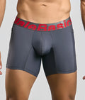 Dark gray malebasic titanium pocket boxer briefs with red and black elastic waistband featuring the brand name