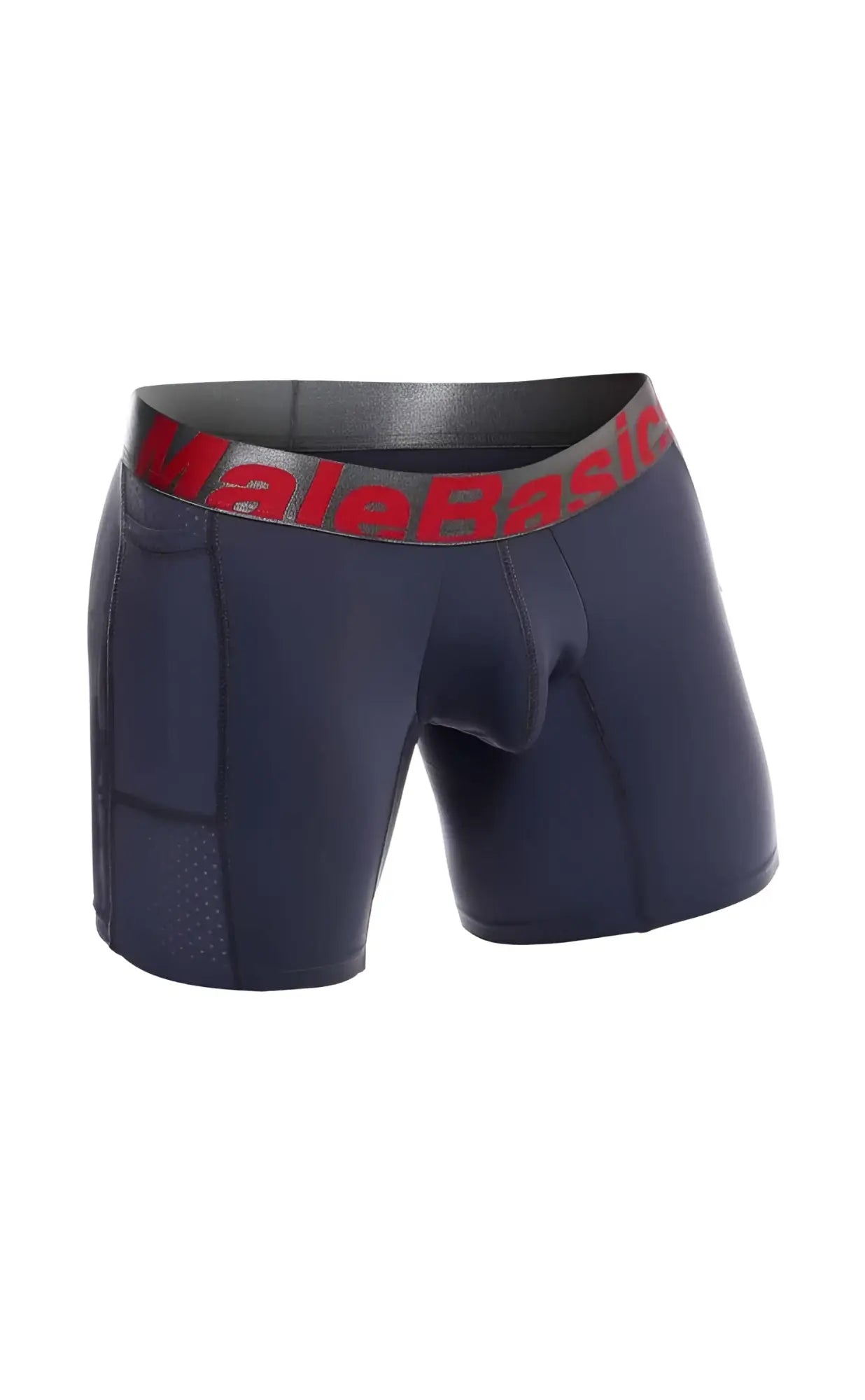 Dark navy blue malebasics titanium pocket boxer brief with red logo band and reinforced panels for comfort and support