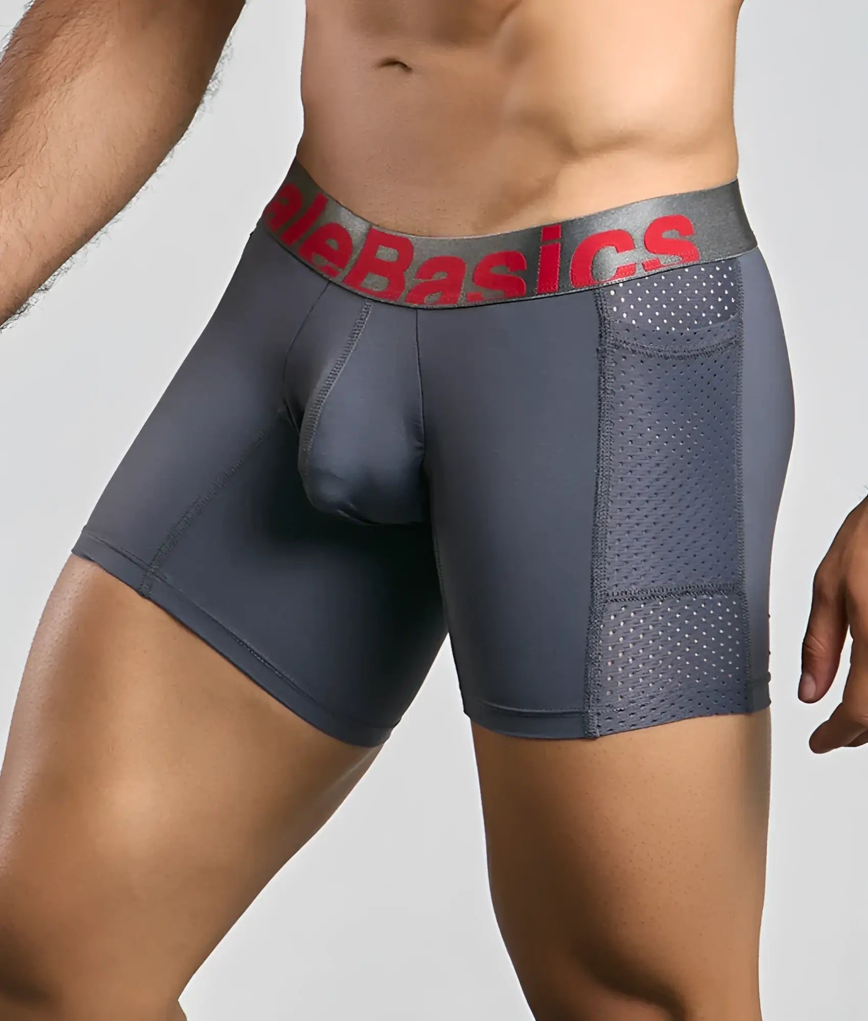 Malebasics titanium pocket boxer brief in gray with red alebasics logo waistband and breathable mesh paneling