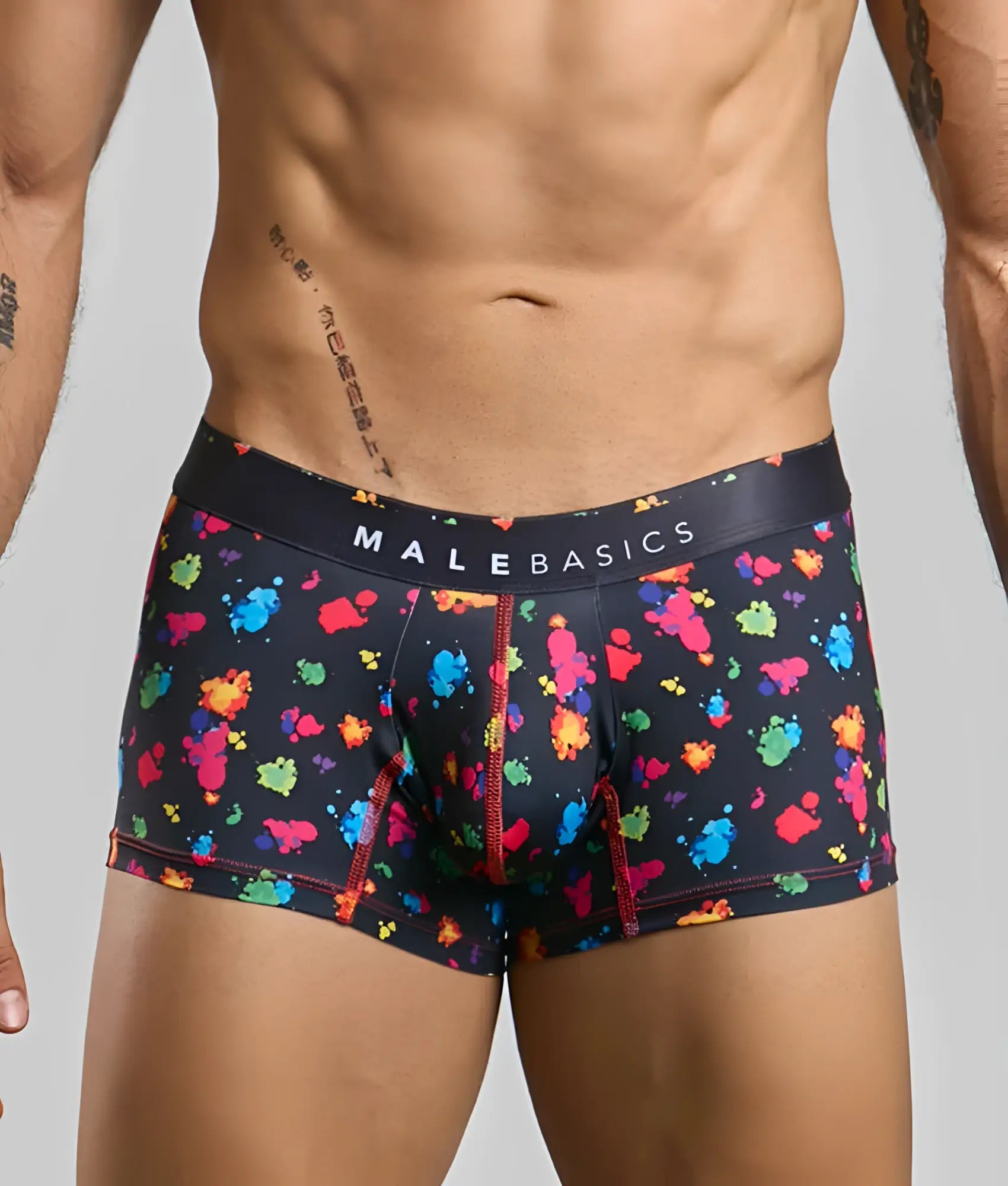 Malebasics trunk hipster black splash boxer briefs with vibrant multicolored paint splatter pattern and red stitching