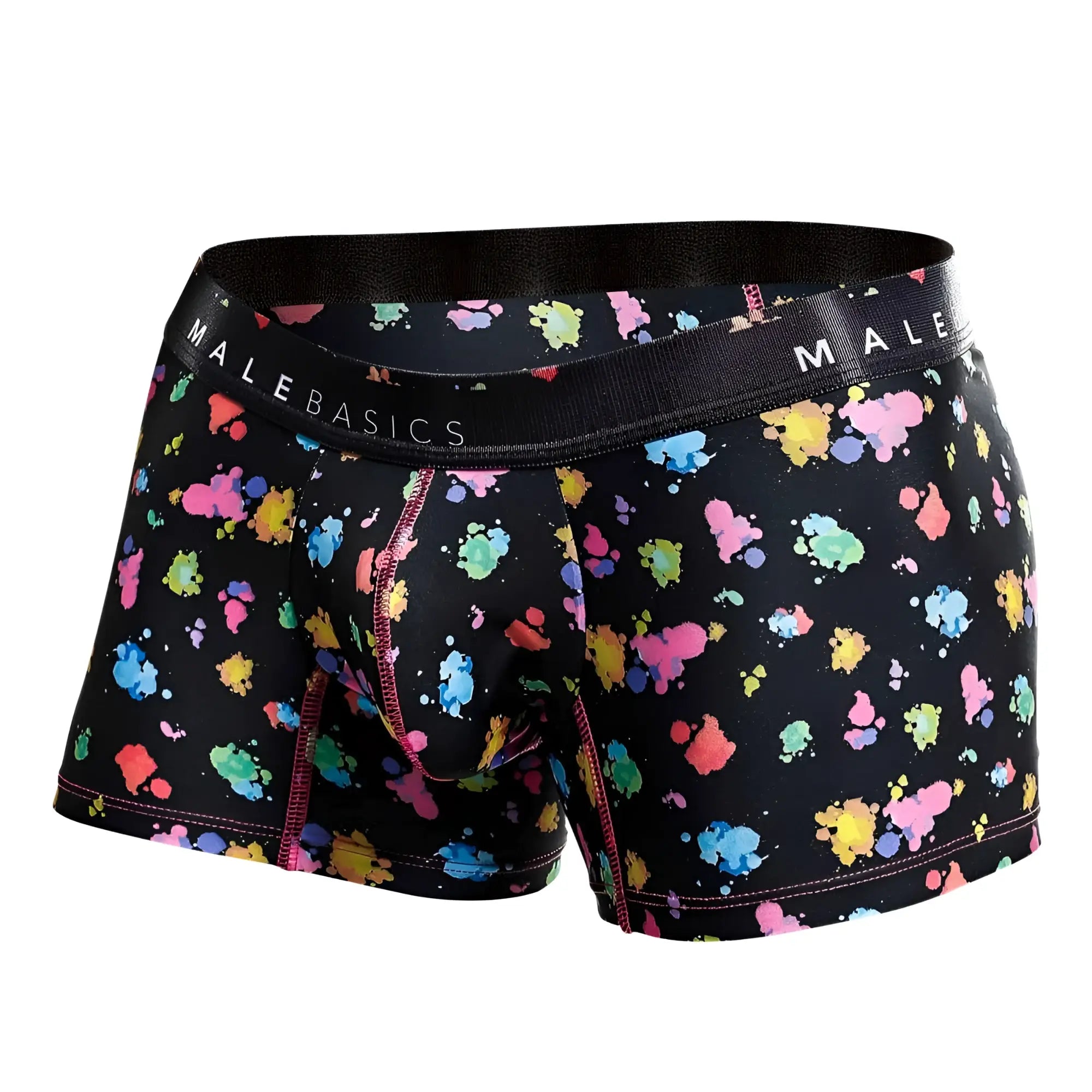 Malebasics trunk hipster black splash boxer briefs with multicolored paint splatter and pink stitched seams