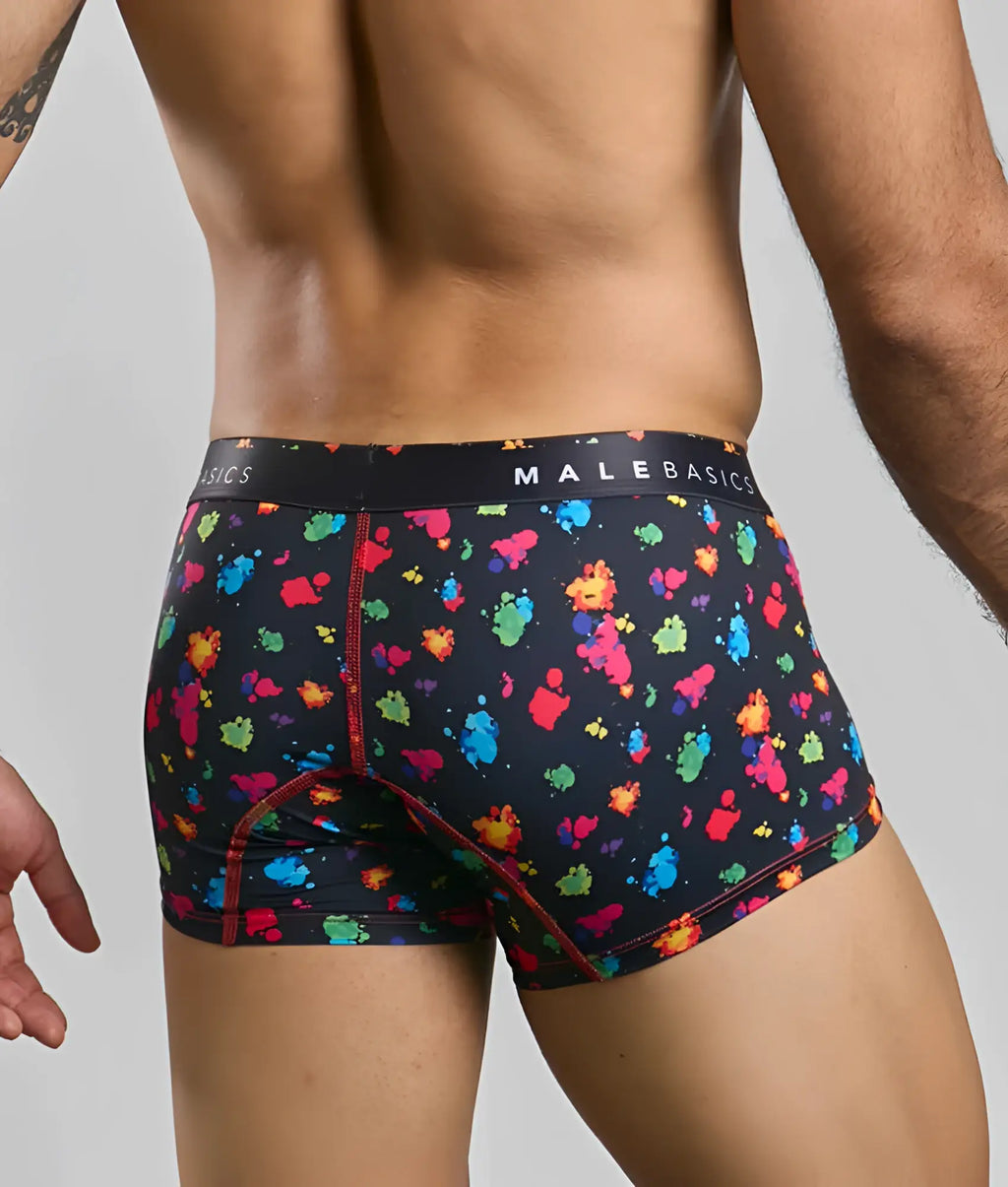 Malebasics trunk hipster black splash boxer briefs in black with multicolored paint splatter and red stitched seams
