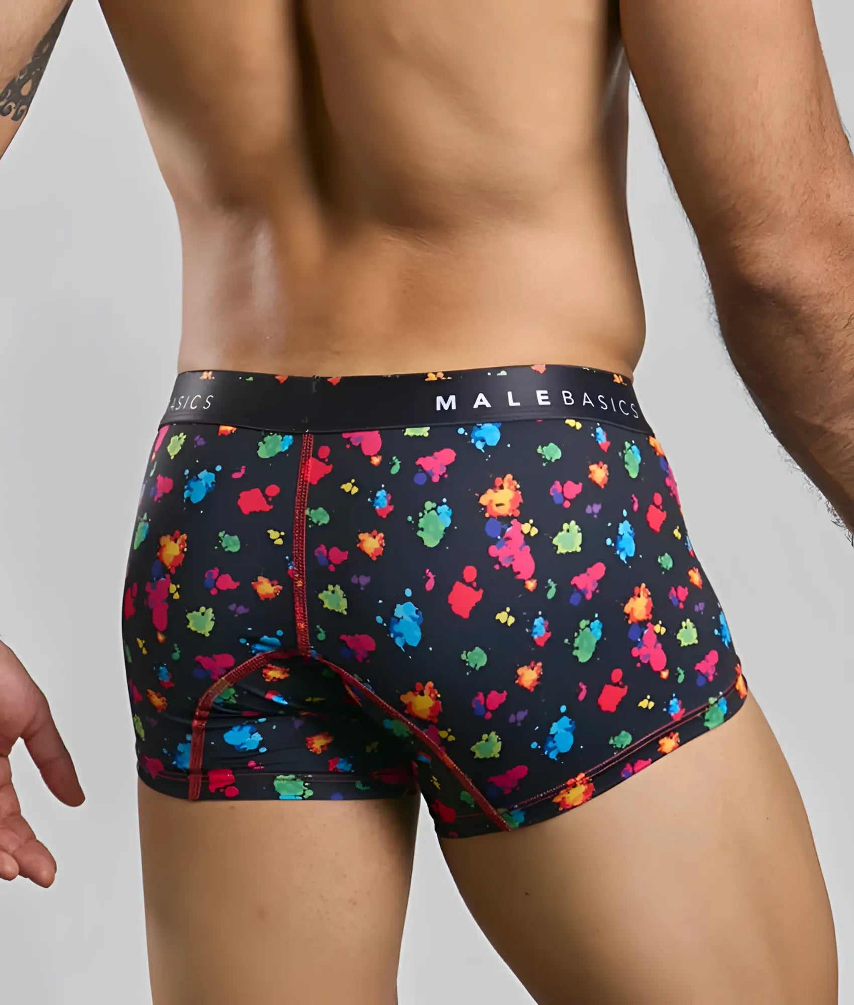 Malebasics trunk hipster black splash boxer briefs in black with multicolored paint splatter and red stitched seams