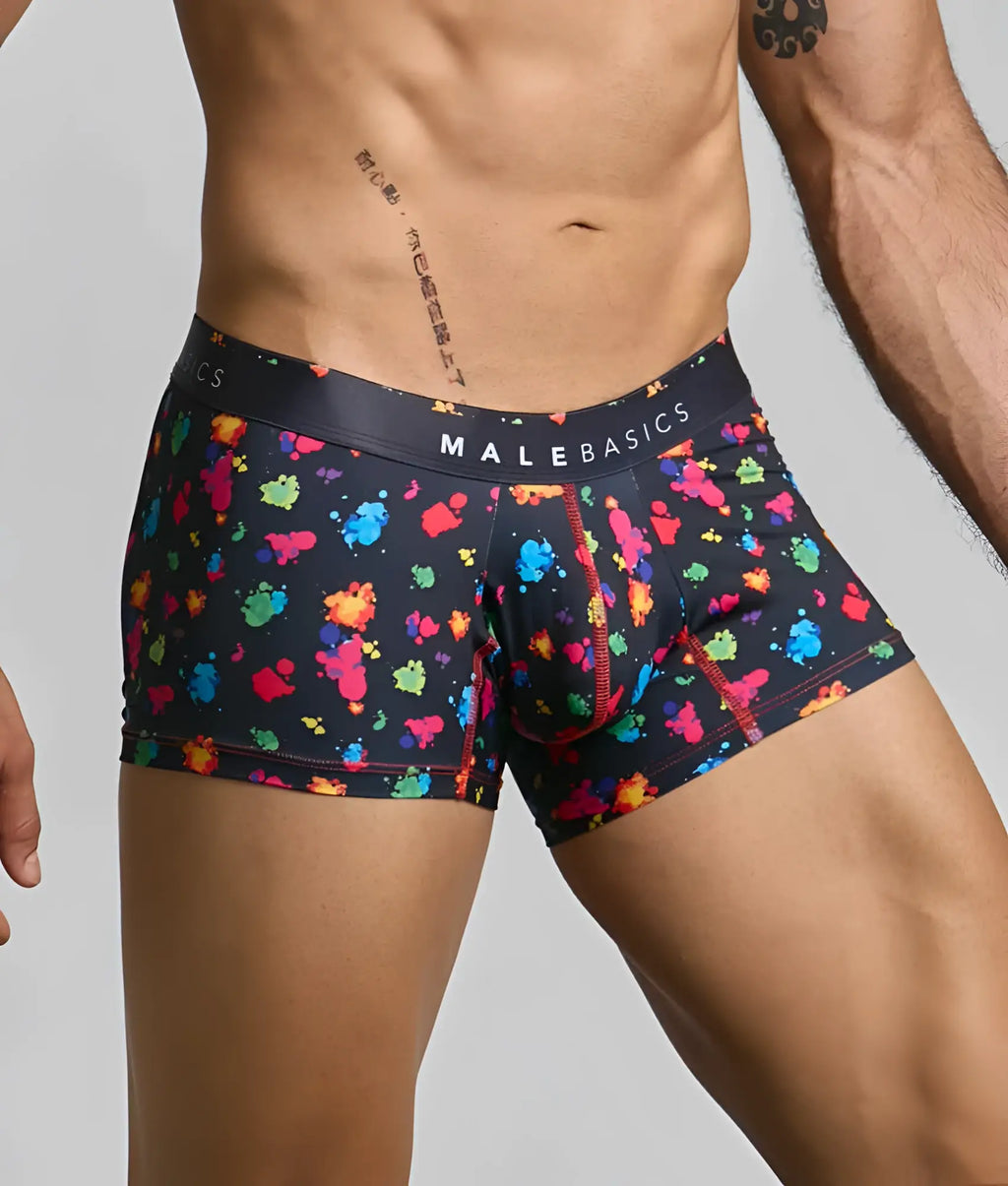 Malebasics trunk hipster black splash men’s boxer briefs with vibrant multicolored paint splatter pattern on black