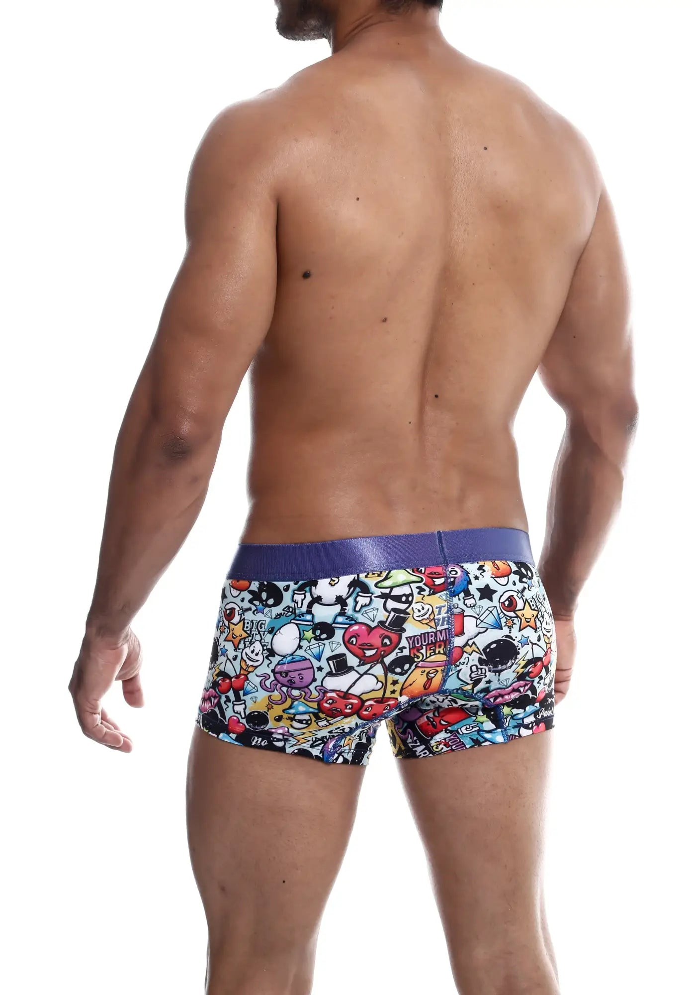 MaleBasics trunk hipster comics boxer briefs with vibrant cartoon print and bold purple waistband for comfortable wear