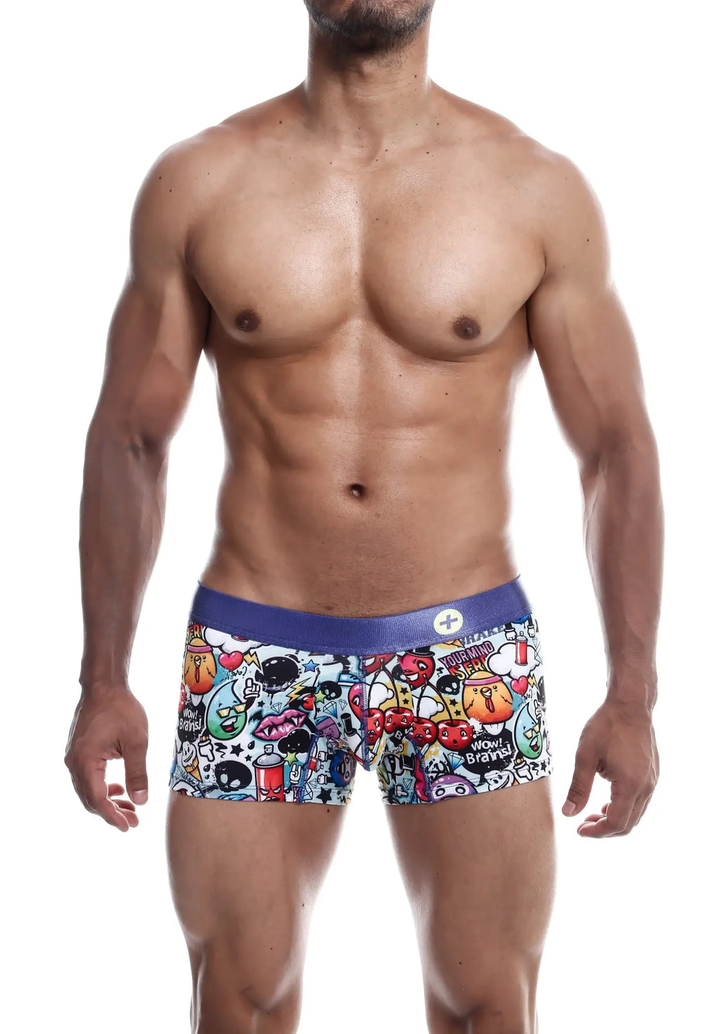 Malebasics trunk hipster comics vibrant boxer briefs with white base and multicolored skull and cherry graphics