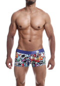 Malebasics trunk hipster comics vibrant boxer briefs with white base and multicolored skull and cherry graphics