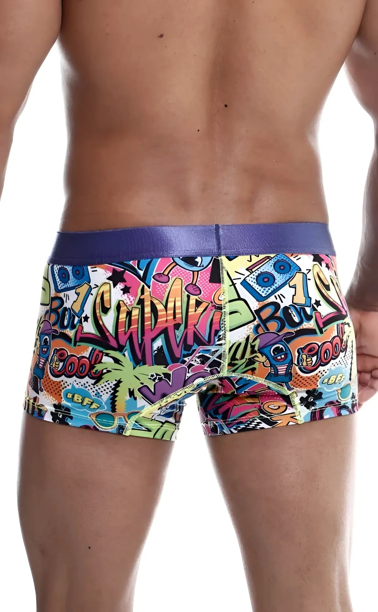 MaleBasics trunk hipster comics boxer briefs with vibrant colorful cartoon graphics and a purple waistband