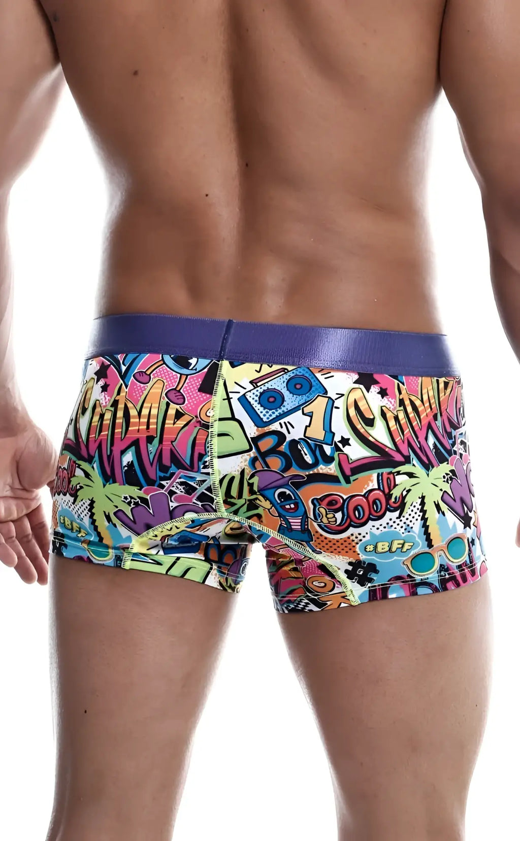 Malebasics trunk hipster comics vibrant graffiti-style men’s boxer briefs with purple waistband and neon comic graphics