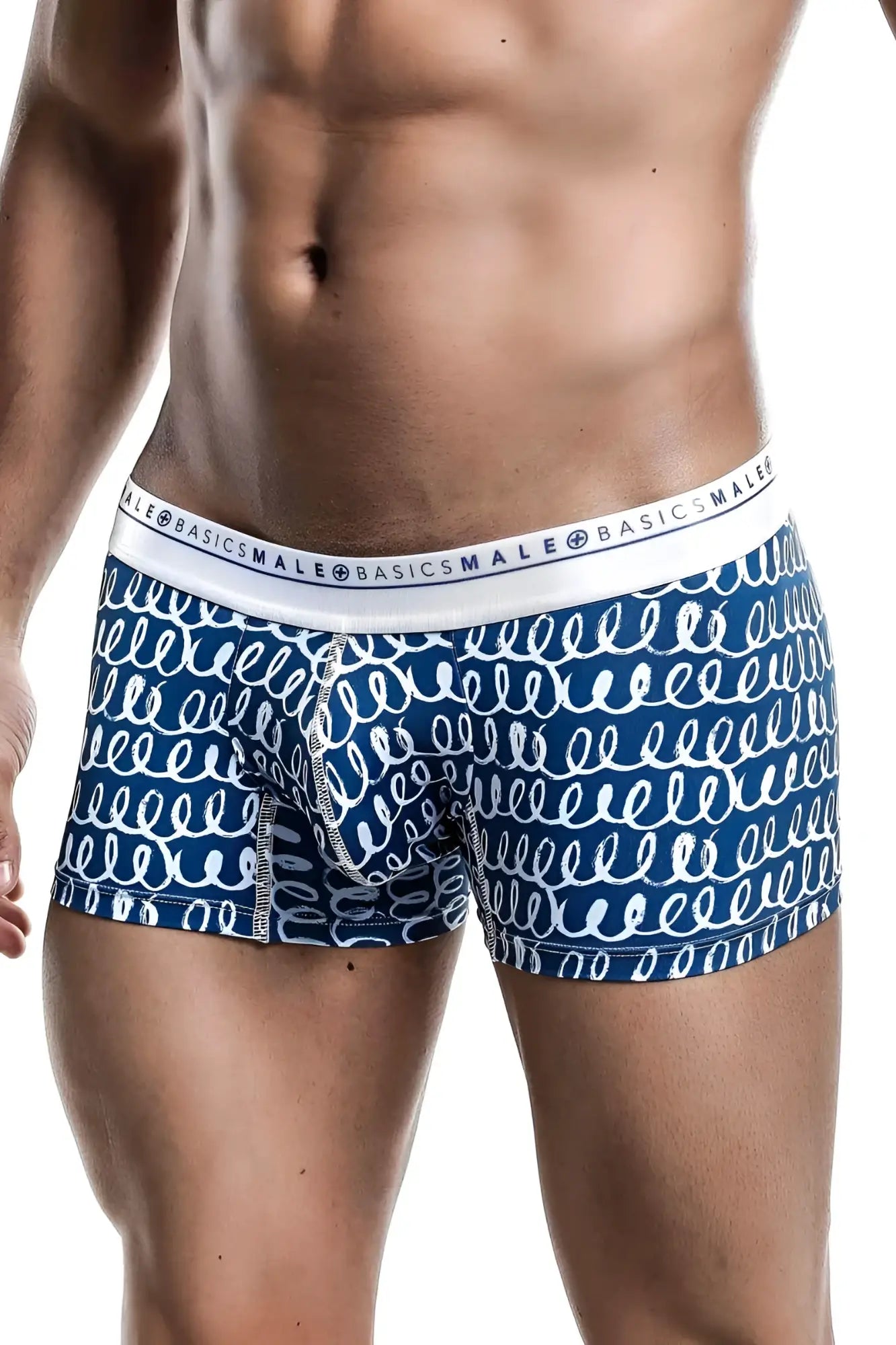 Malebasics trunk hipster crete men’s blue and white patterned boxer briefs with repeating swirl design