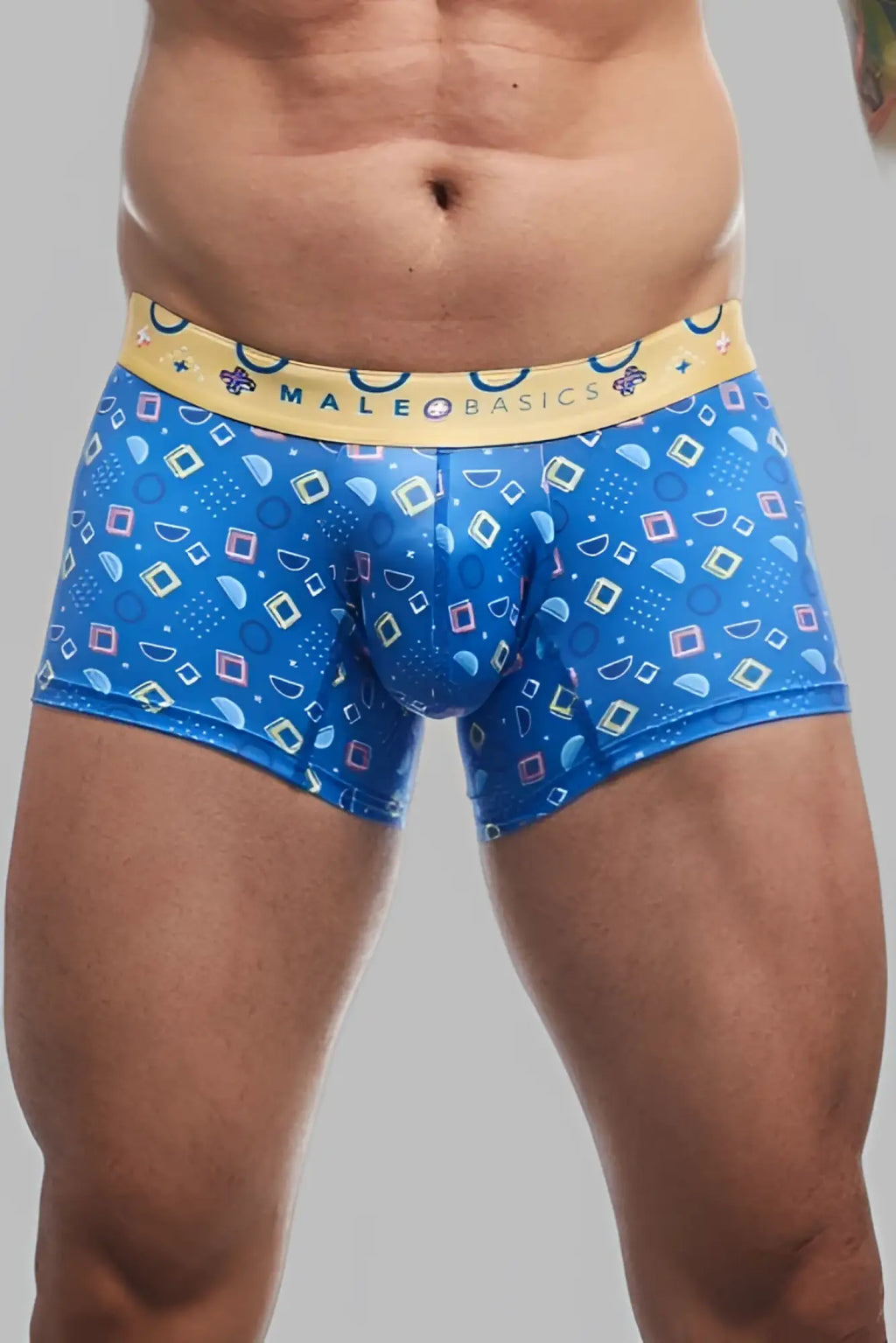 MaleBasics trunk hipster spectrum blue patterned men’s boxer briefs with yellow waistband featuring the male basics brand name