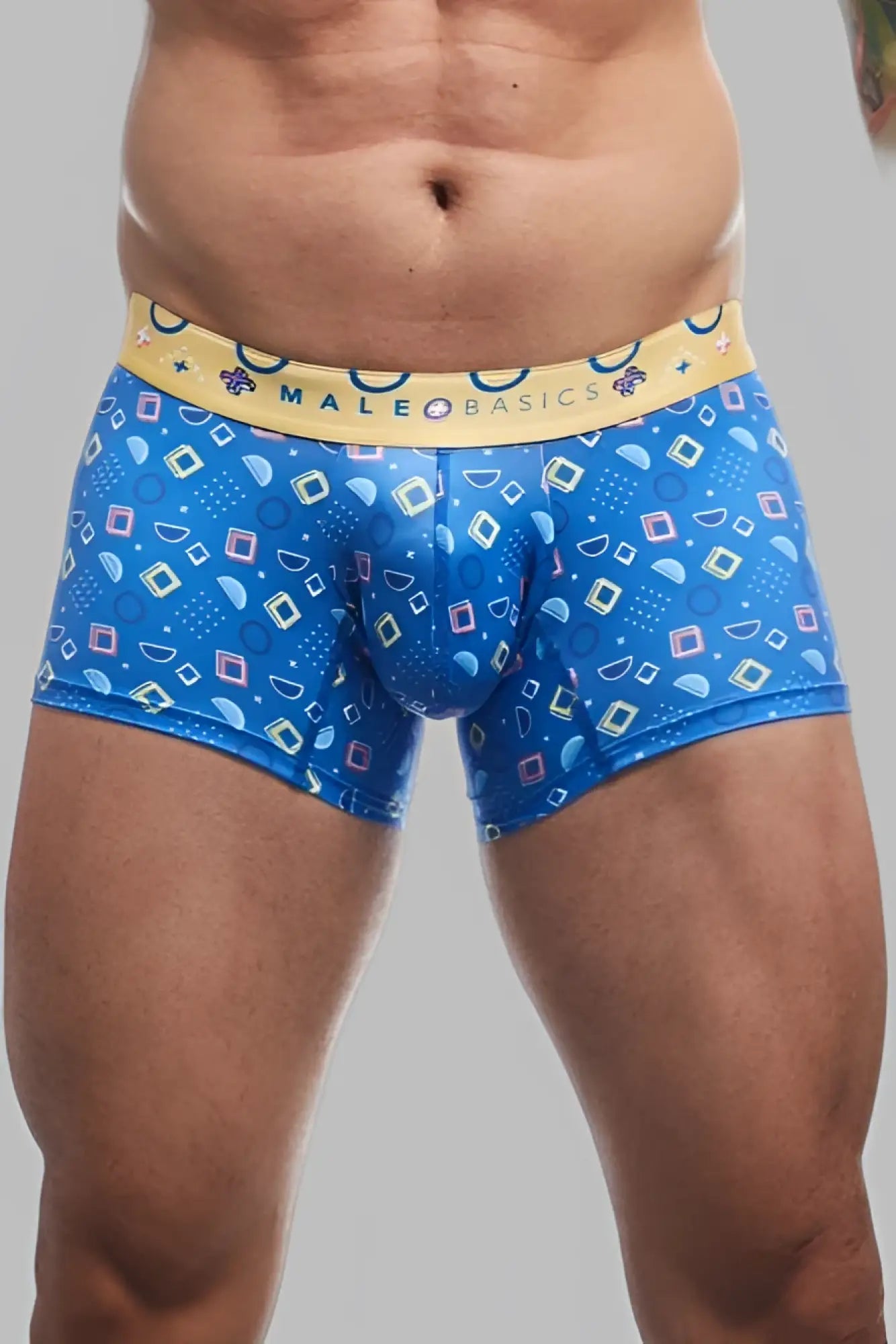 MaleBasics trunk hipster spectrum blue patterned men’s boxer briefs with yellow waistband featuring the male basics brand name