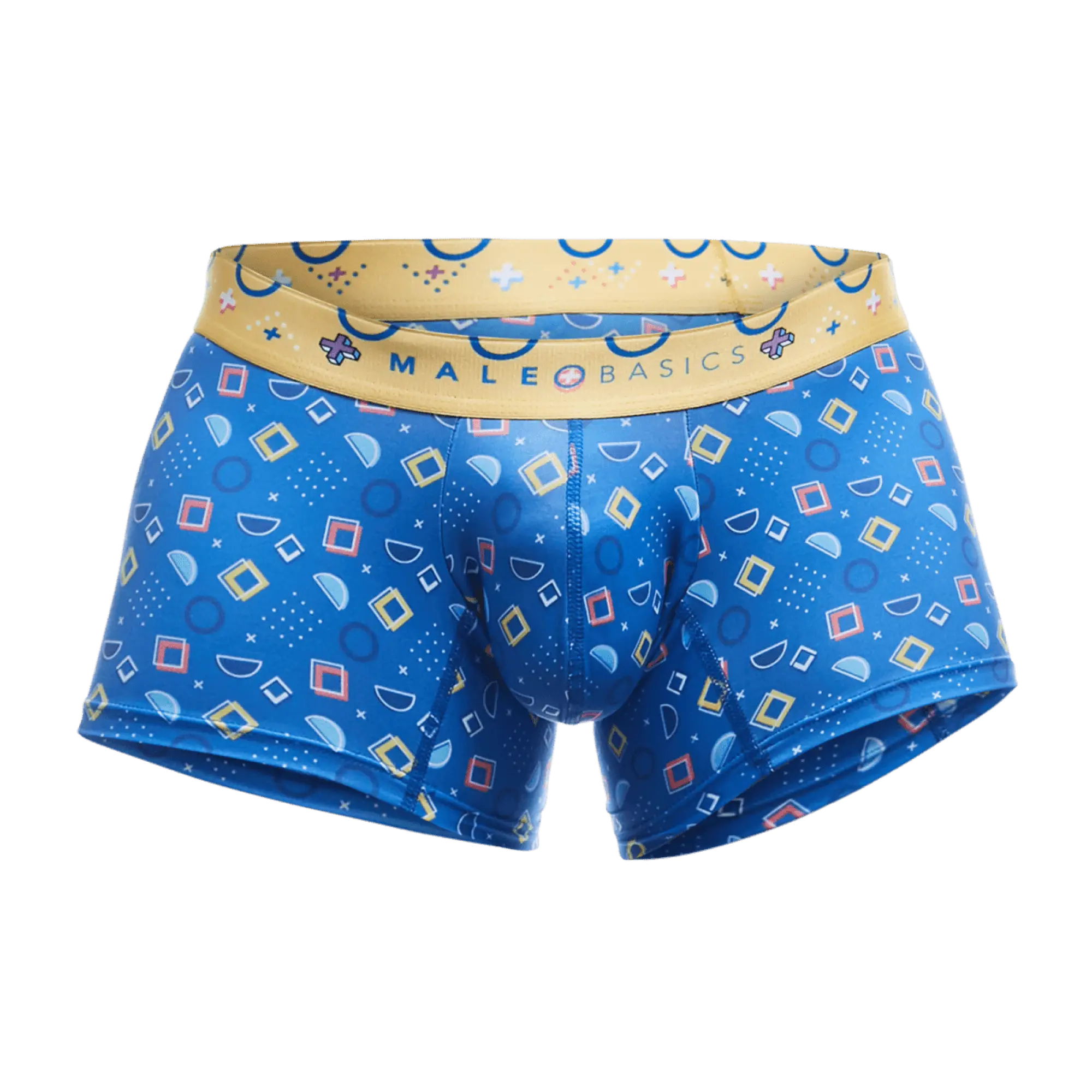 Malebasics trunk hipster spectrum blue patterned men’s boxer briefs with yellow waistband and geometric designs