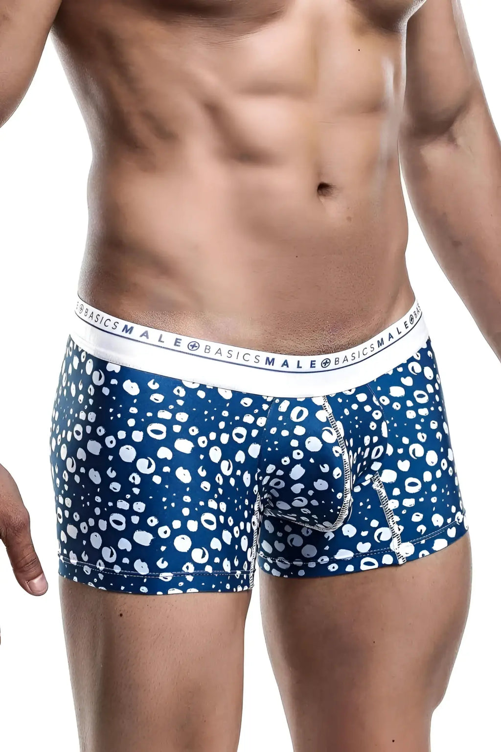Malebasics trunk hipster paros blue and white patterned boxer briefs with branded elastic waistband front view