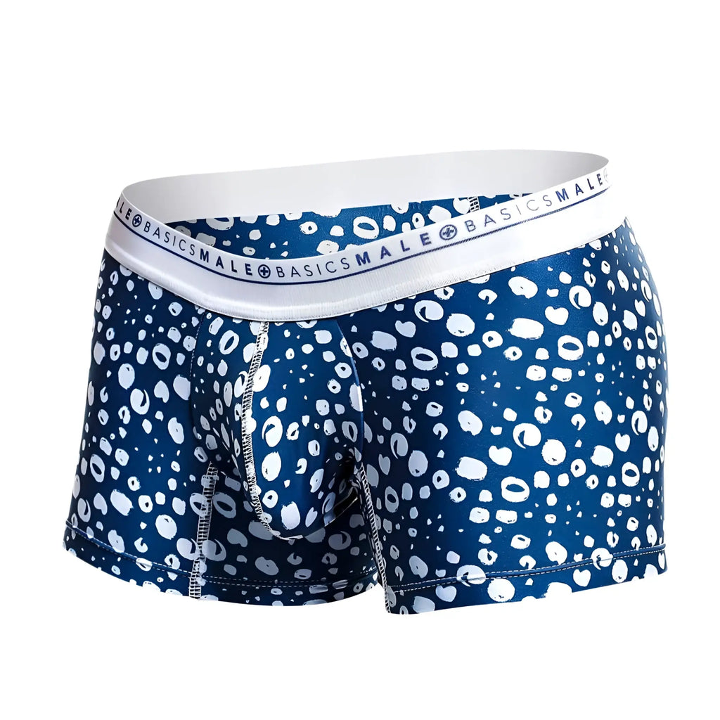 Blue and white patterned men’s boxer briefs with branded elastic waistband from malebasics trunk hipster paros collection