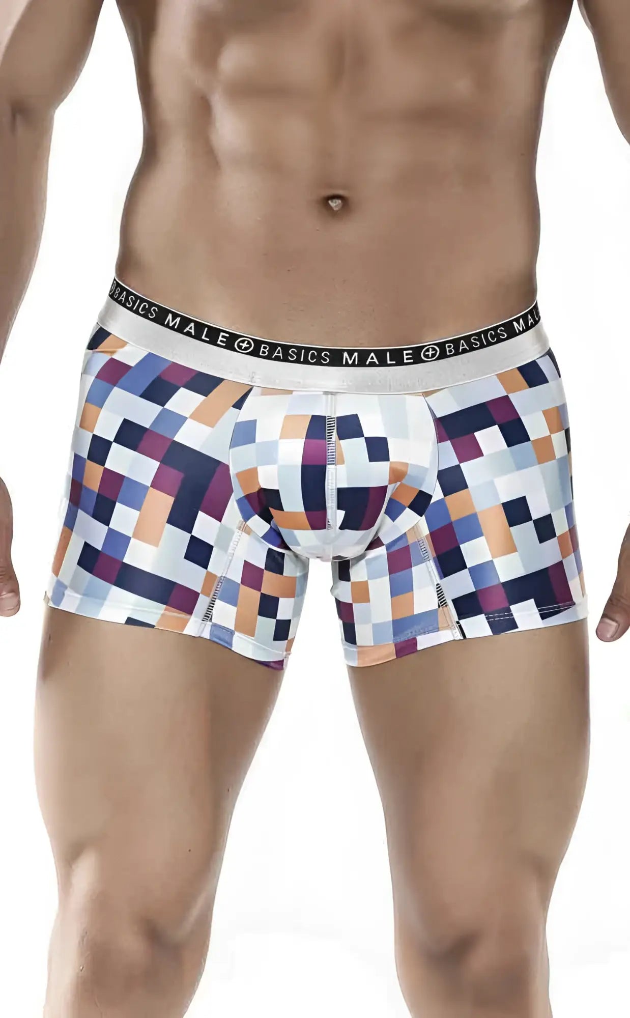 Malebasics trunk hipster pixels boxer briefs with vibrant blue orange and purple geometric pixel pattern on white base