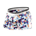 Malebasics trunk hipster pixels men’s boxer briefs with vibrant blue orange and purple pixelated pattern and silver waistband