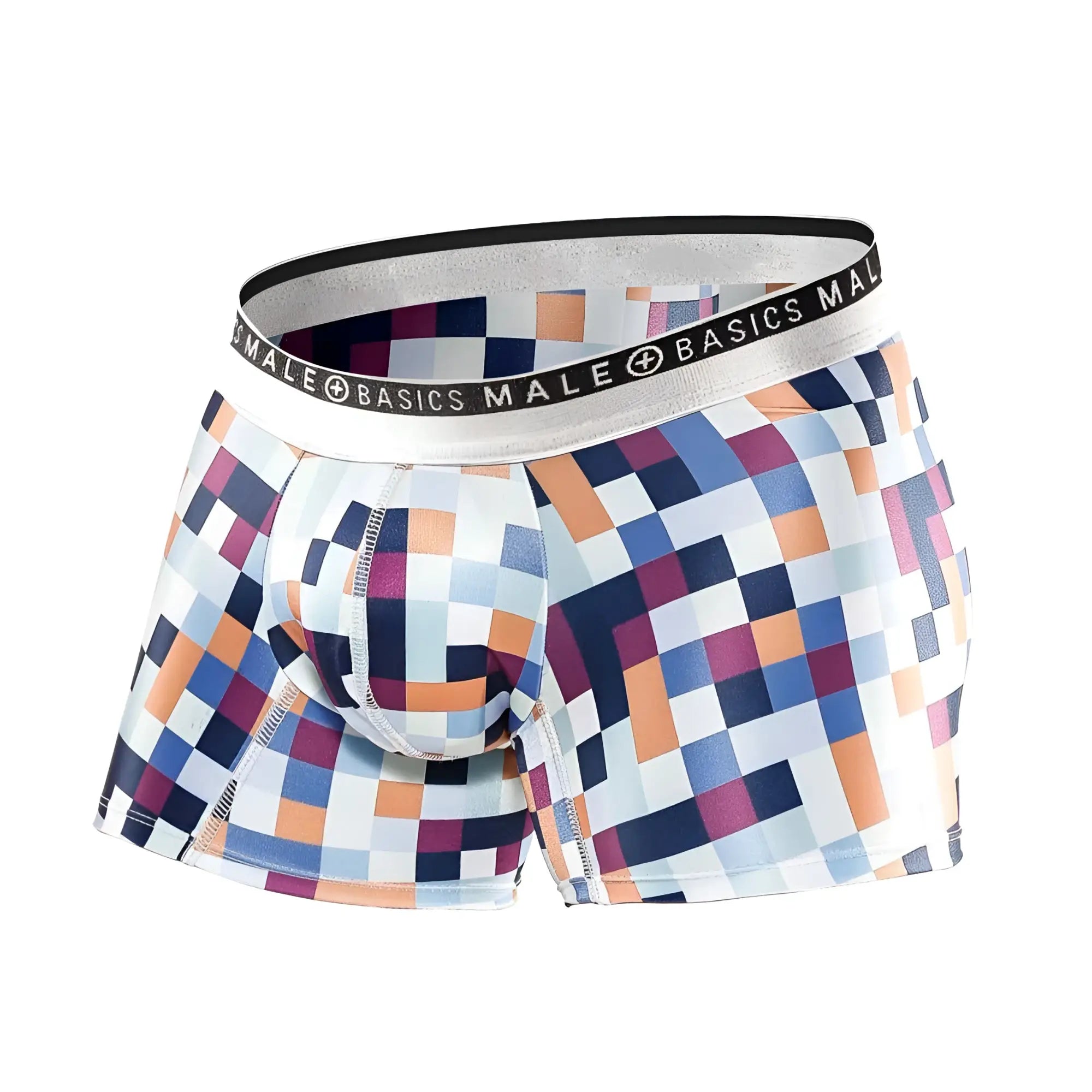 Malebasics trunk hipster pixels men’s boxer briefs with vibrant blue orange purple pixelated pattern and silver waistband
