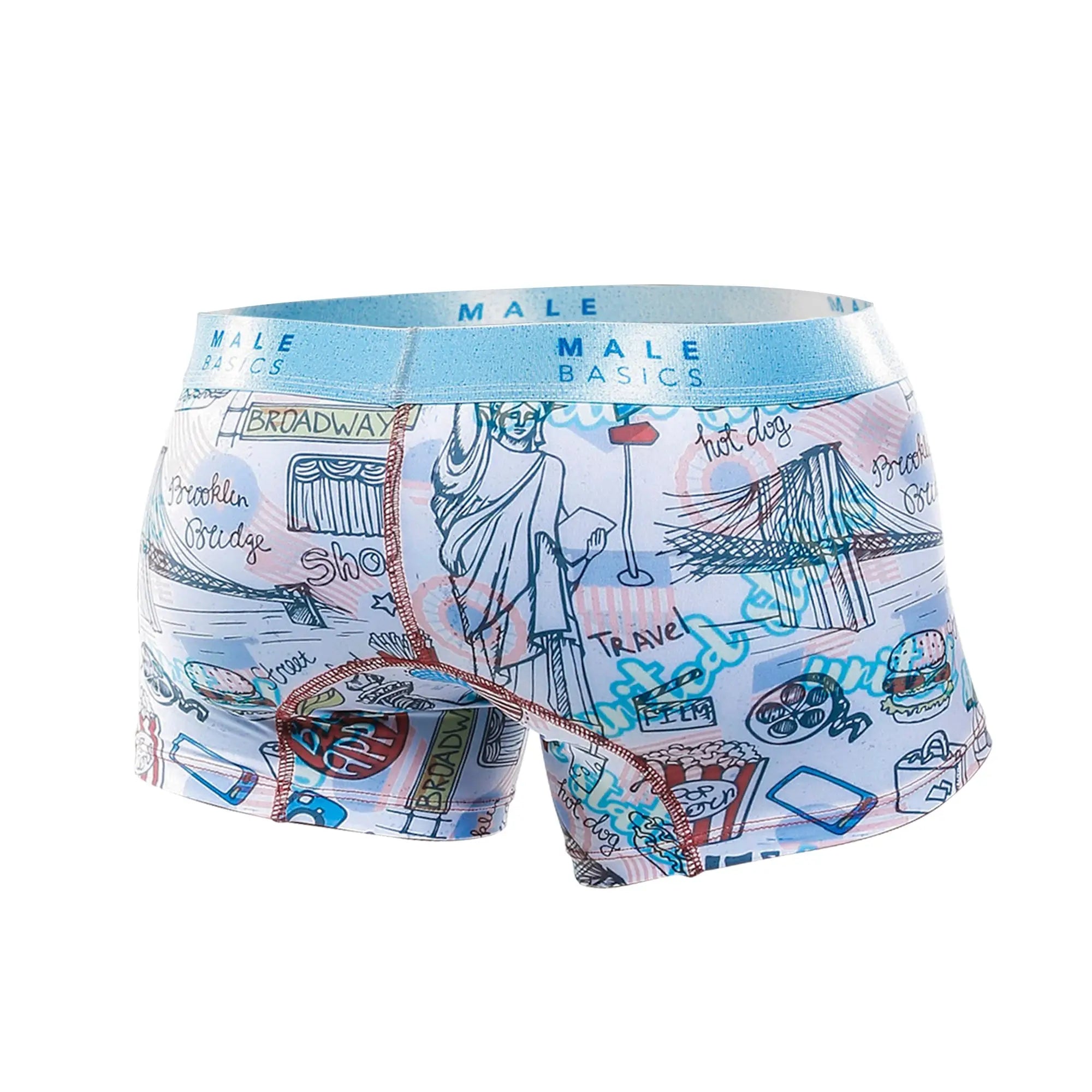 Malebasics trunk hipster poker light blue and white men’s boxer briefs with playful travel-themed doodle illustrations