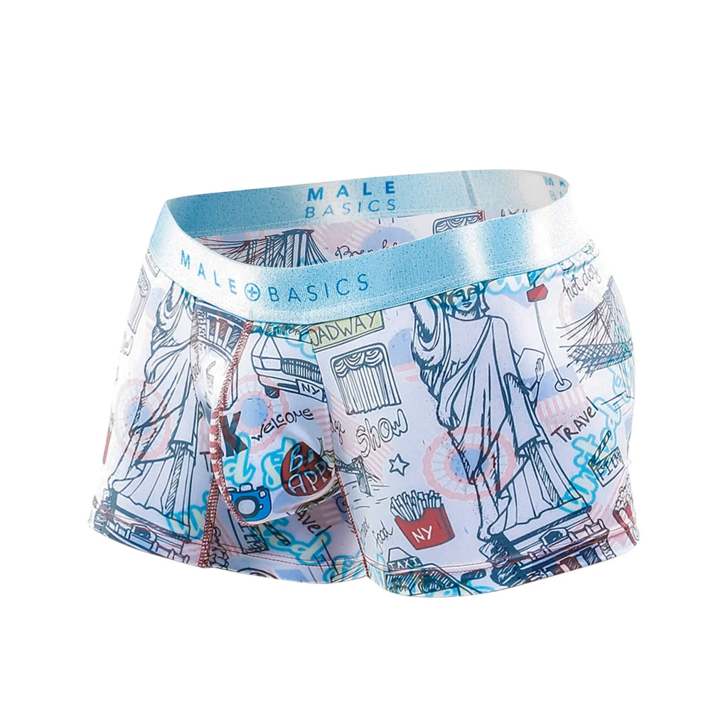 Light blue and white men’s boxer briefs with new york city-themed graphic design featuring landmarks and street signs