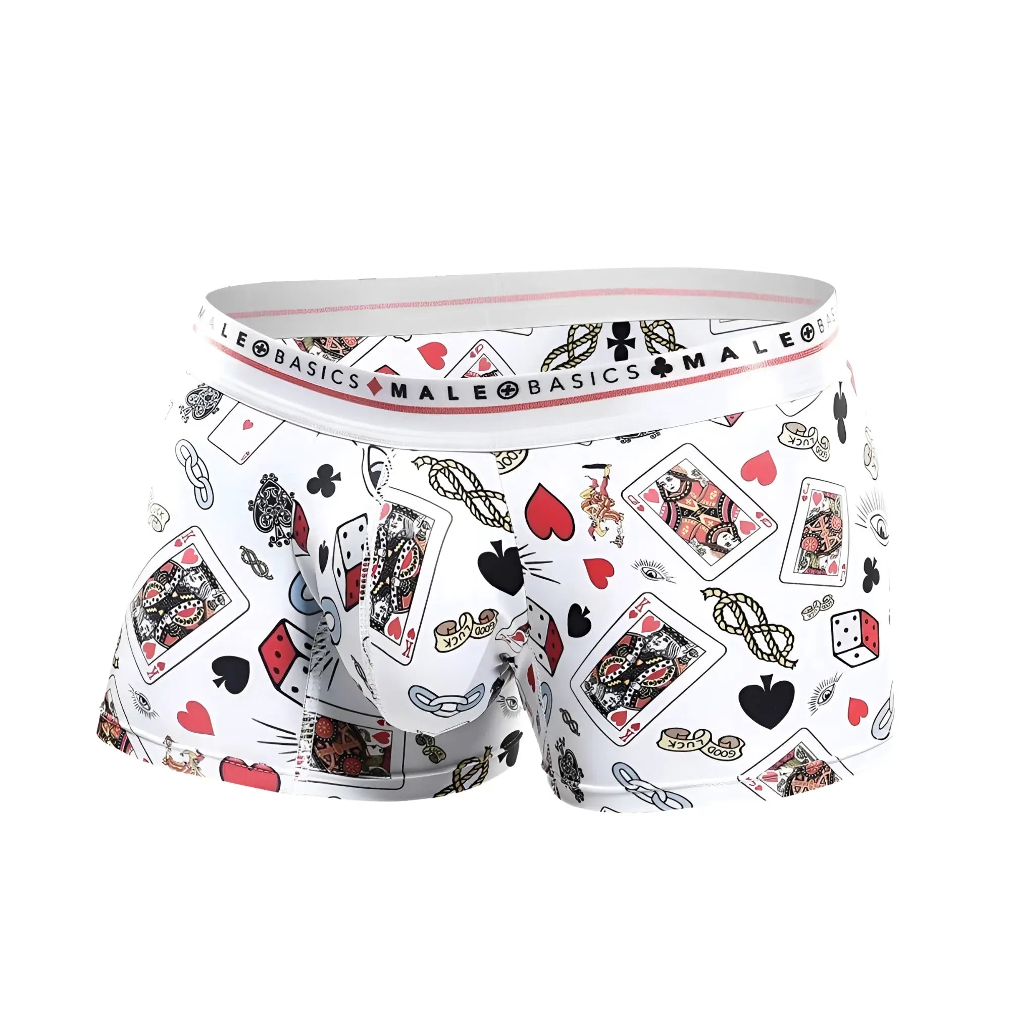 White men’s boxer briefs malebasics trunk hipster poker with playing cards hearts spades and dice pattern in red black and gold accents