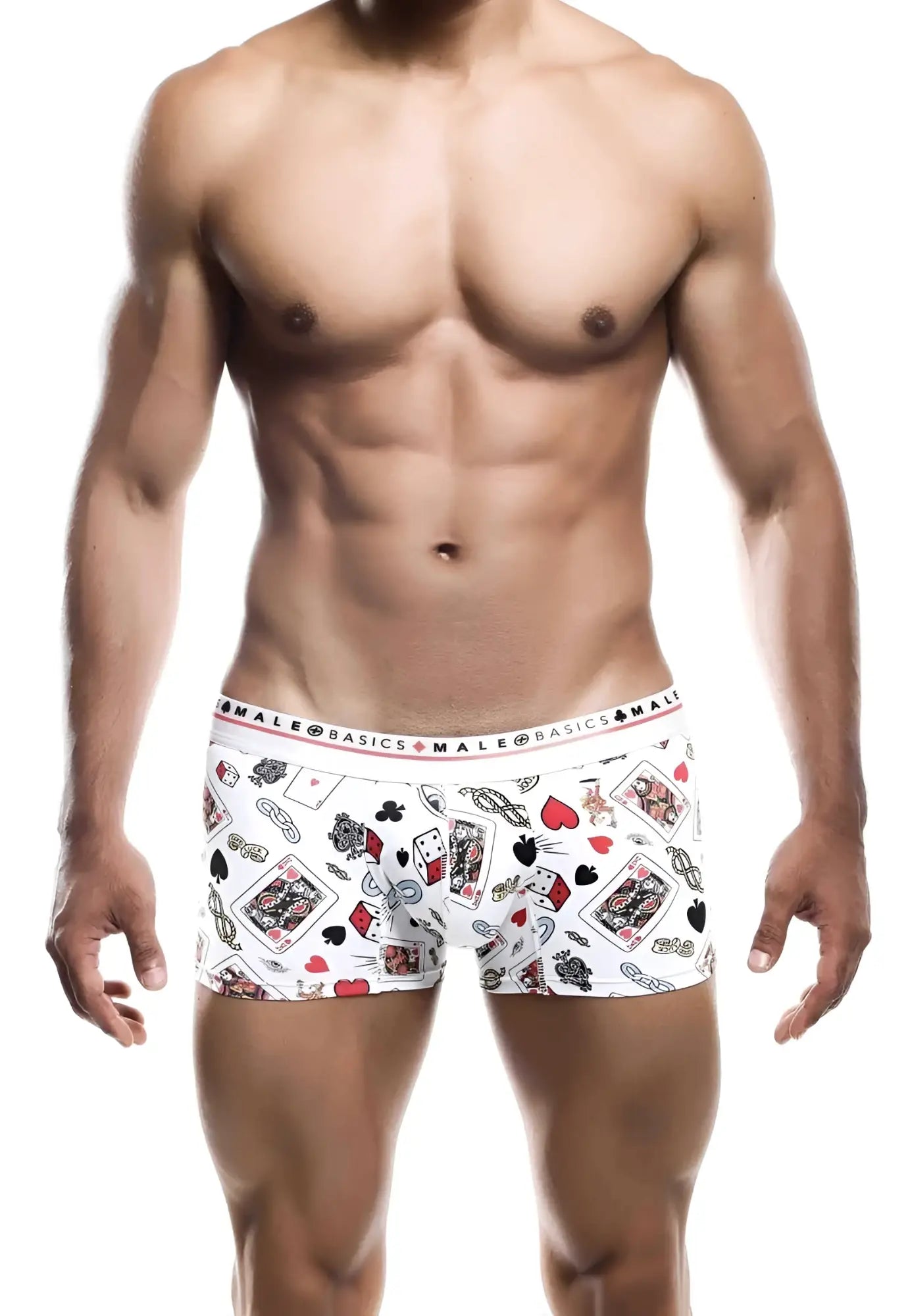 White men’s Malebasics trunk hipster boxer briefs with playful red black and gray playing cards pattern