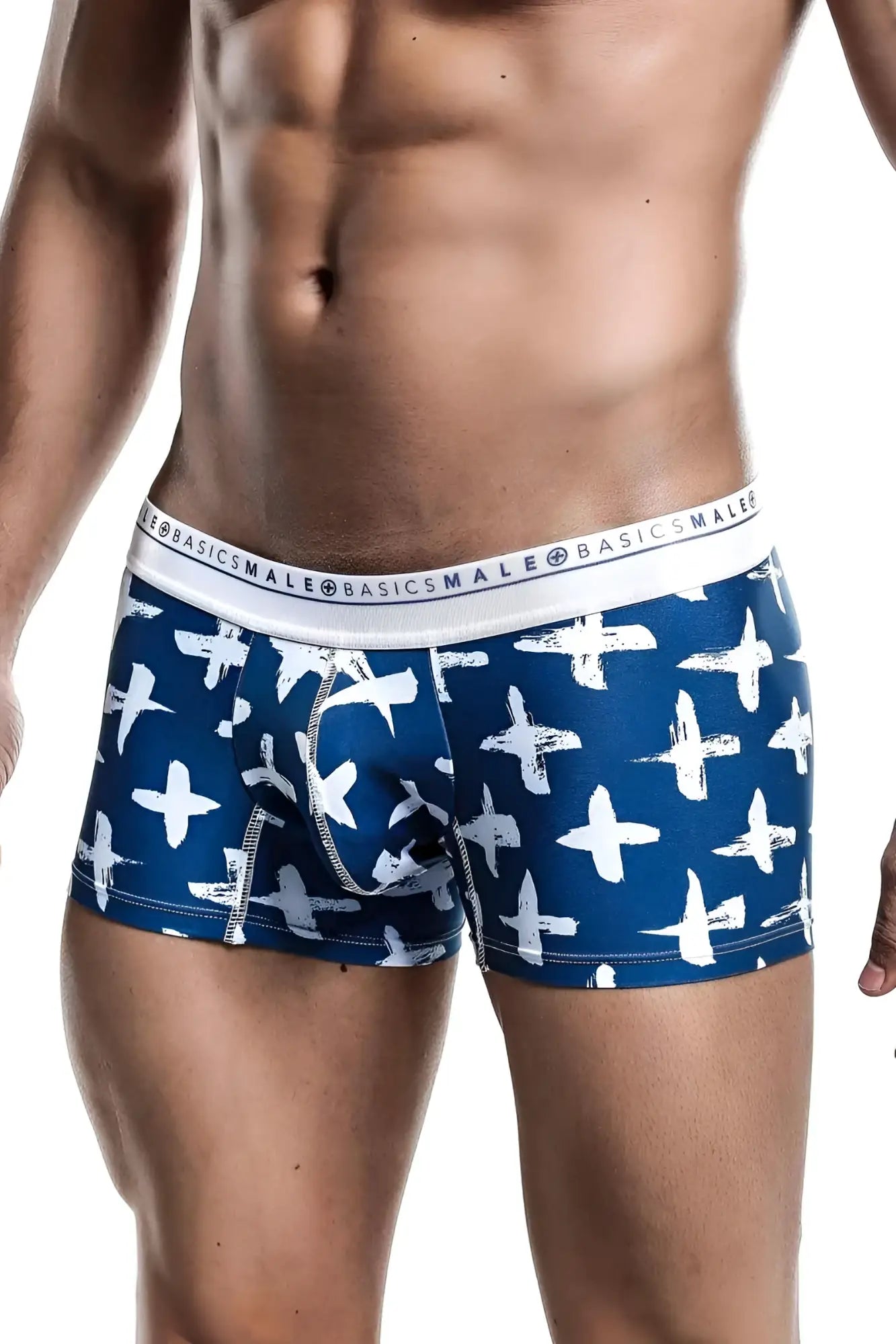 Malebasics trunk hipster santorini men’s boxer briefs in blue and white with a repeating cross pattern