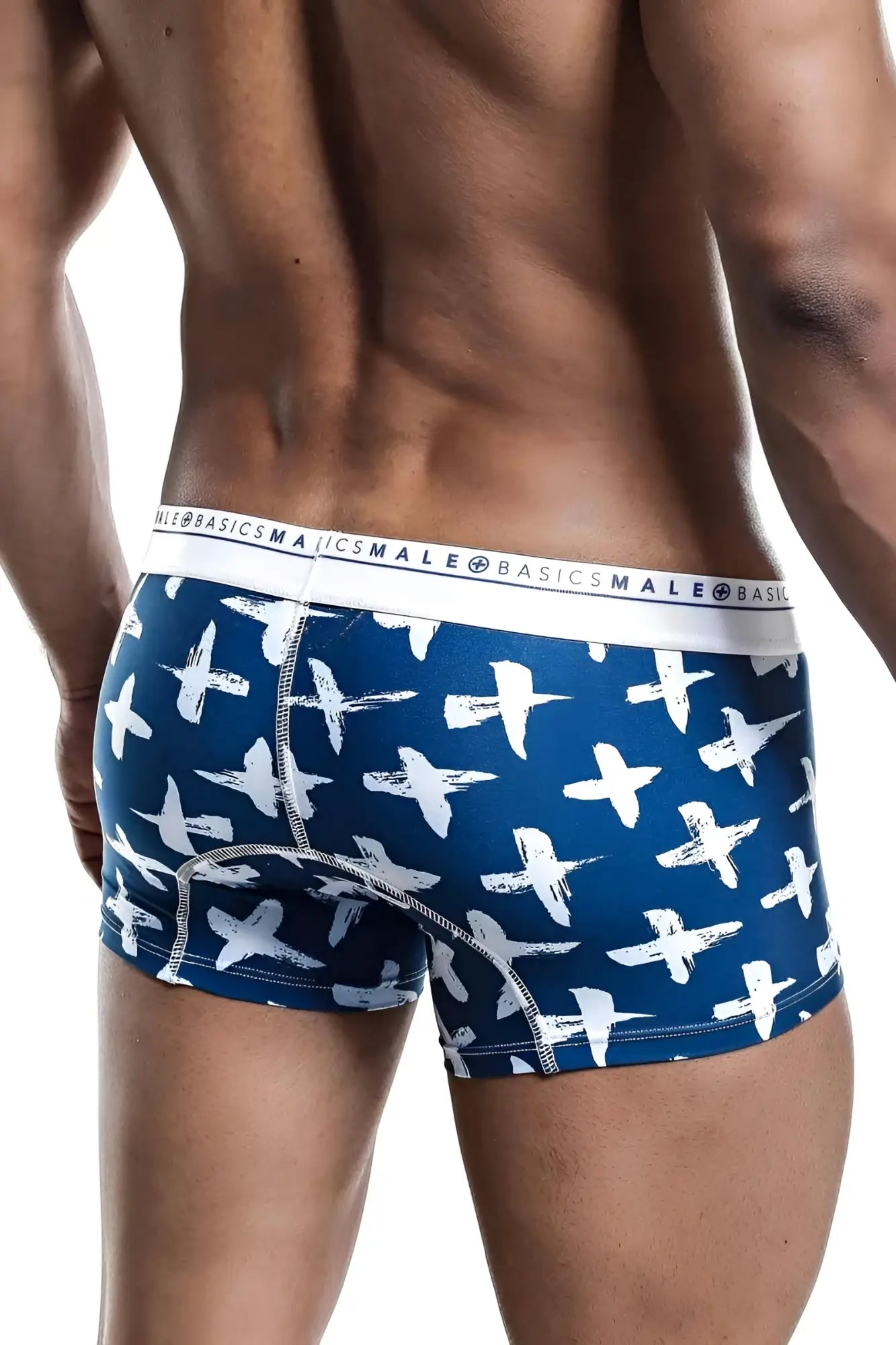 Malebasics trunk hipster Santorini men’s boxer briefs in blue and white brushstroke patterned fabric