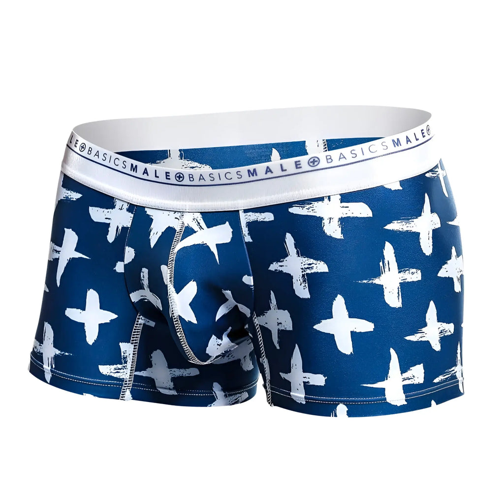 Blue and white patterned men’s boxer briefs with branded elastic waistband from malebasics trunk hipster santorini collection