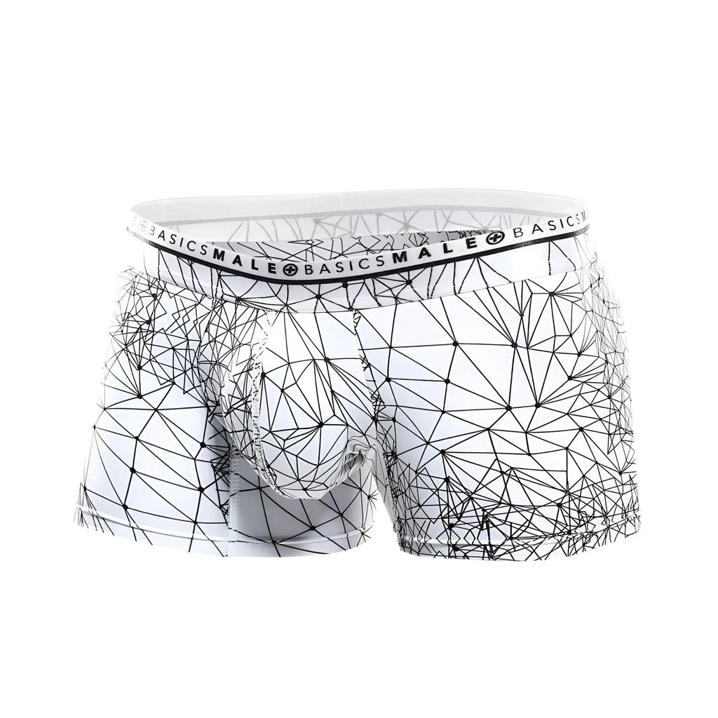 Malebasics trunk hipster spider white boxer briefs with bold black geometric line pattern on fabric front view