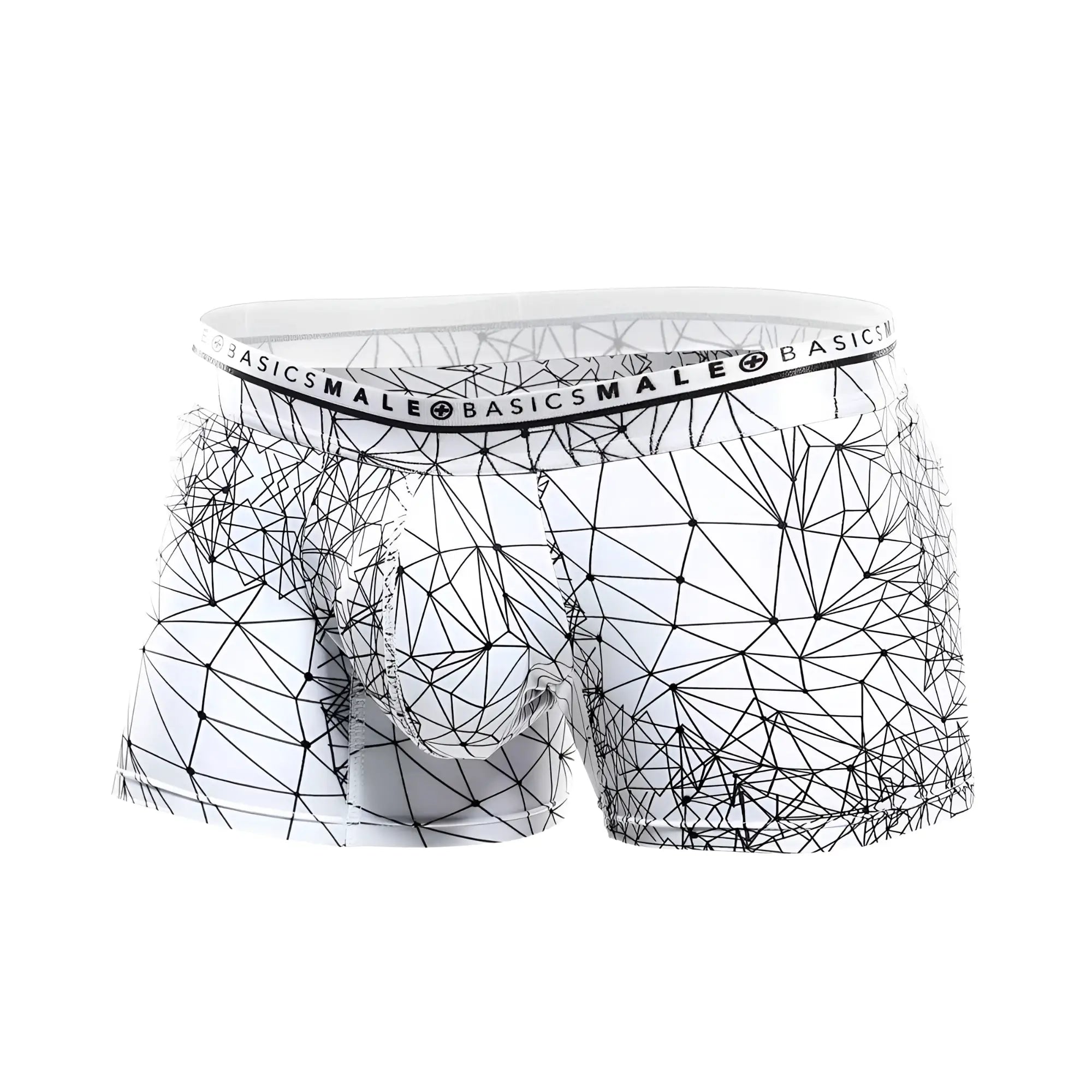 Malebasics trunk hipster spider white boxer briefs with bold black geometric line pattern on fabric front view