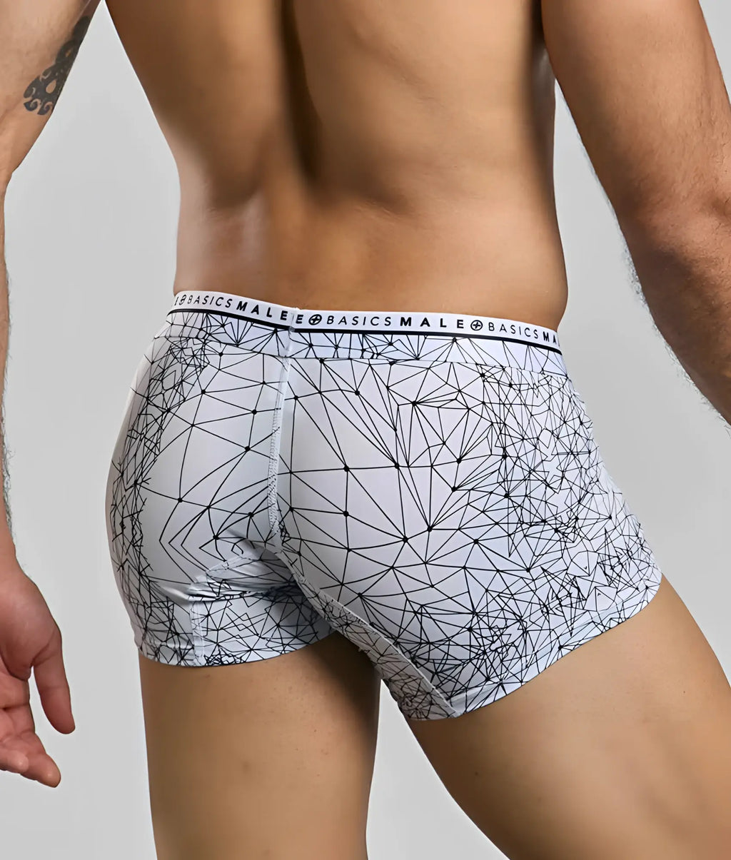 White boxer briefs with black geometric lines and malebasics branded waistband hipster trunk design